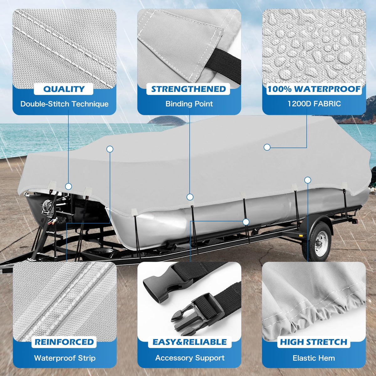 Solim Trailerable 1200D PU Heavy Duty Pontoon Boat Cover, 25-28ft Waterproof Marine Grade Oxford UV Resistant Polyester Canvas Cover, Boat Cover for Pontoon with Adjustable 20 Tie Down Straps, Gray