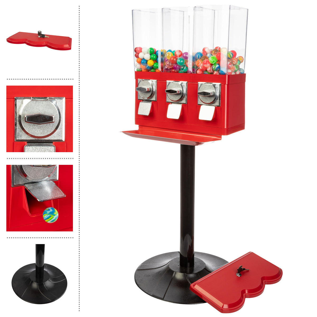 Gumball Machine - Triple Candy Machine Dispenser for Gumballs, Capsules, and Candy - Vending Machines for Business by Great Northern Popcorn (Red)