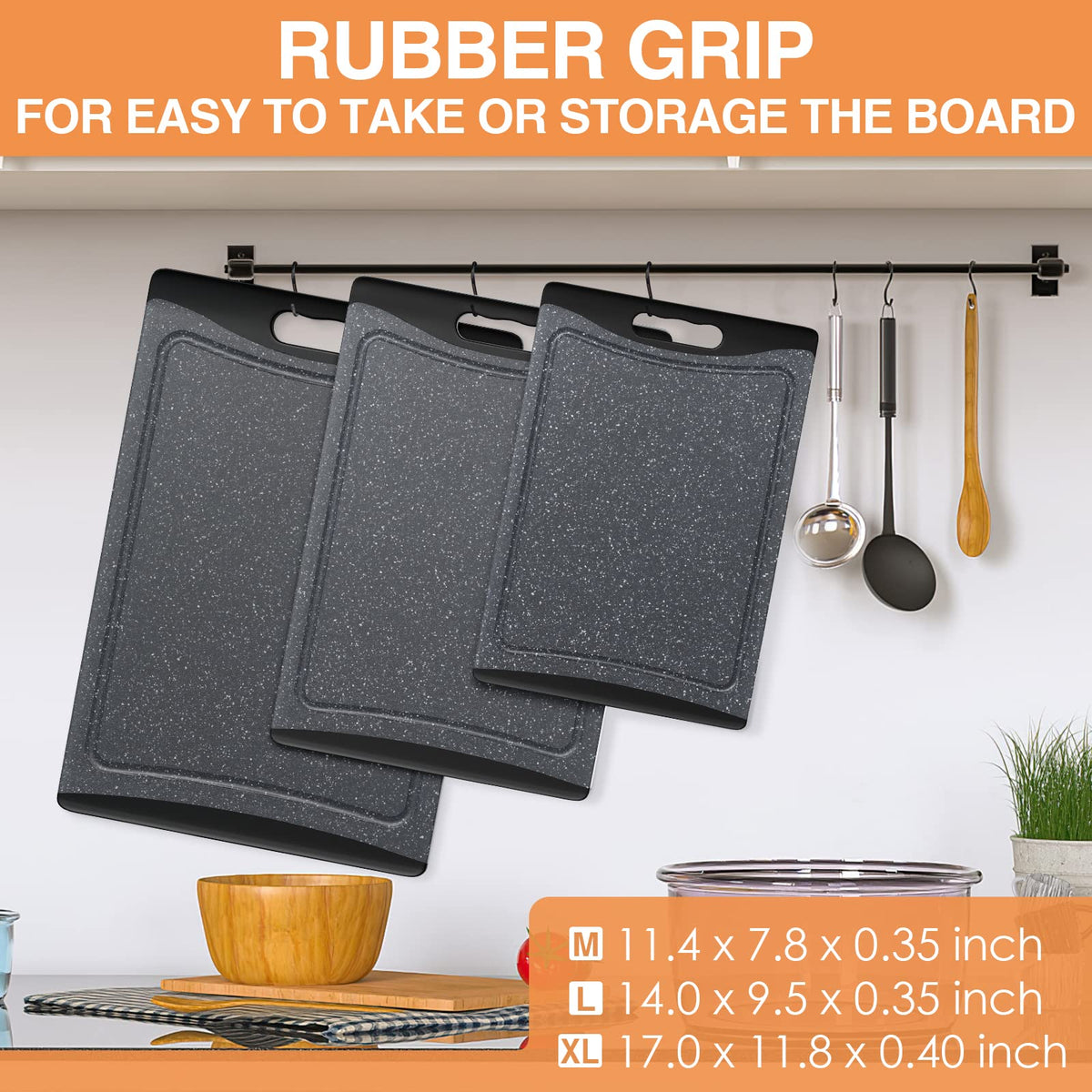 Extra Large Cutting Boards, Plastic Cutting Boards for Kitchen (Set of 3) Cutting Board Set Dishwasher Chopping Board with Juice Grooves Easy-Grip Handles, Dark Grey, Empune