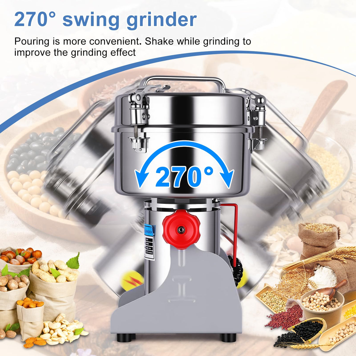 Powerful 3600W Grain Mill Grinder – 2500g Stainless Steel, 36000 RPM Triple-Blade System, 270° Swing for Easy Flour Making, 30-300 Mesh Adjustable, for Home Kitchen & Coffee Shop