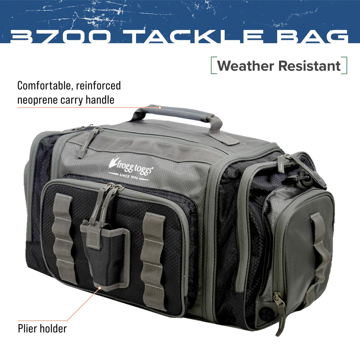 FROGG TOGGS Heavy Duty Fishing Tackle Duffle Bag, Includes Bait Trays, Black, 3700
