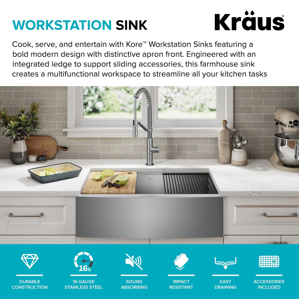 Kraus Kore 30-Inch Farmhouse Workstation with In Sink Dish Drying Rack, Stainless Steel Kitchen Sink, KWF410-30