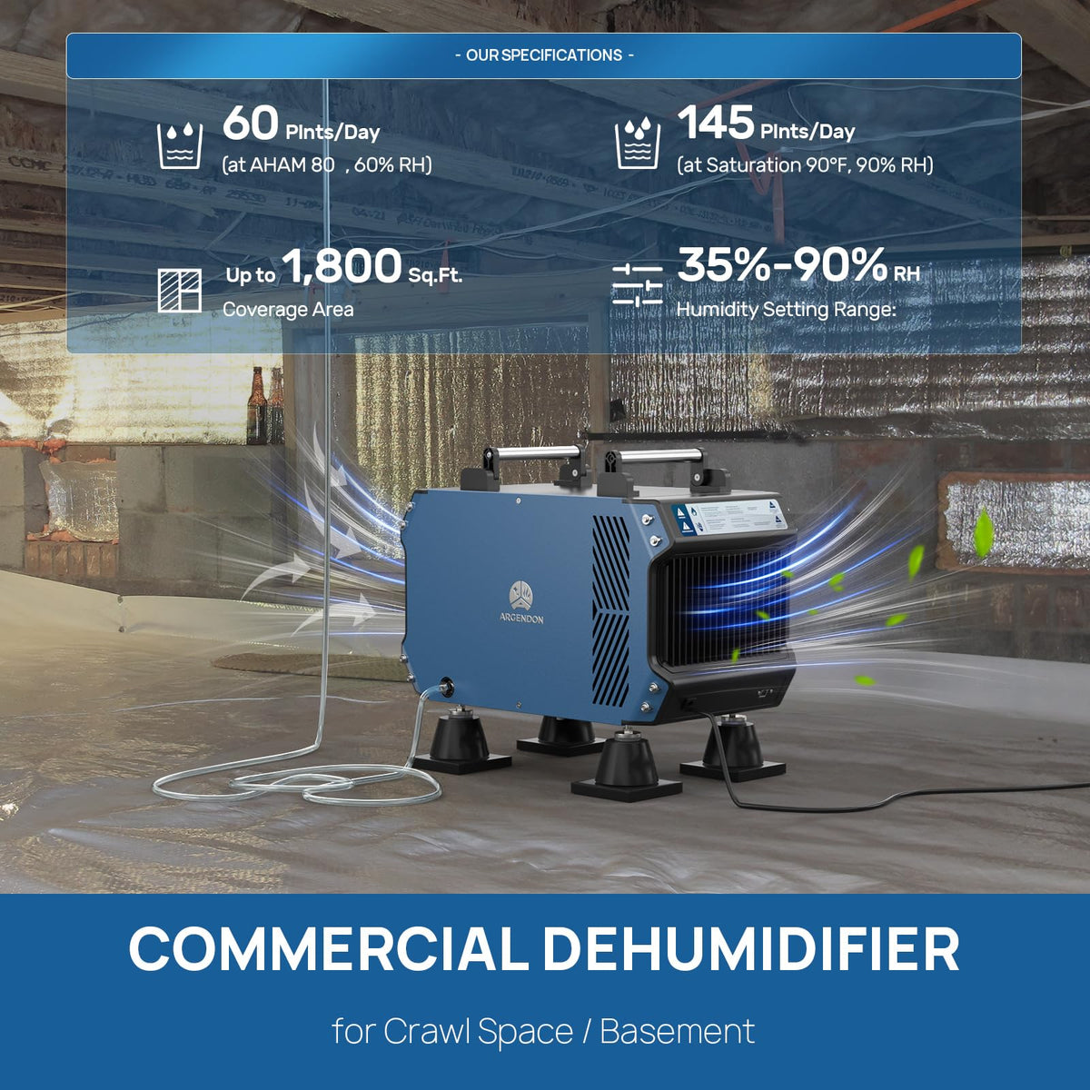 ARGENDON 145 Pint Crawl Spaces Dehumidifier with Pump, Commercial Dehumidifier with Drain Hose for Basement, Auto Defrost, Compact, Large Spaces up to 1800 Sq.Ft, 5 Years Limited Warranty