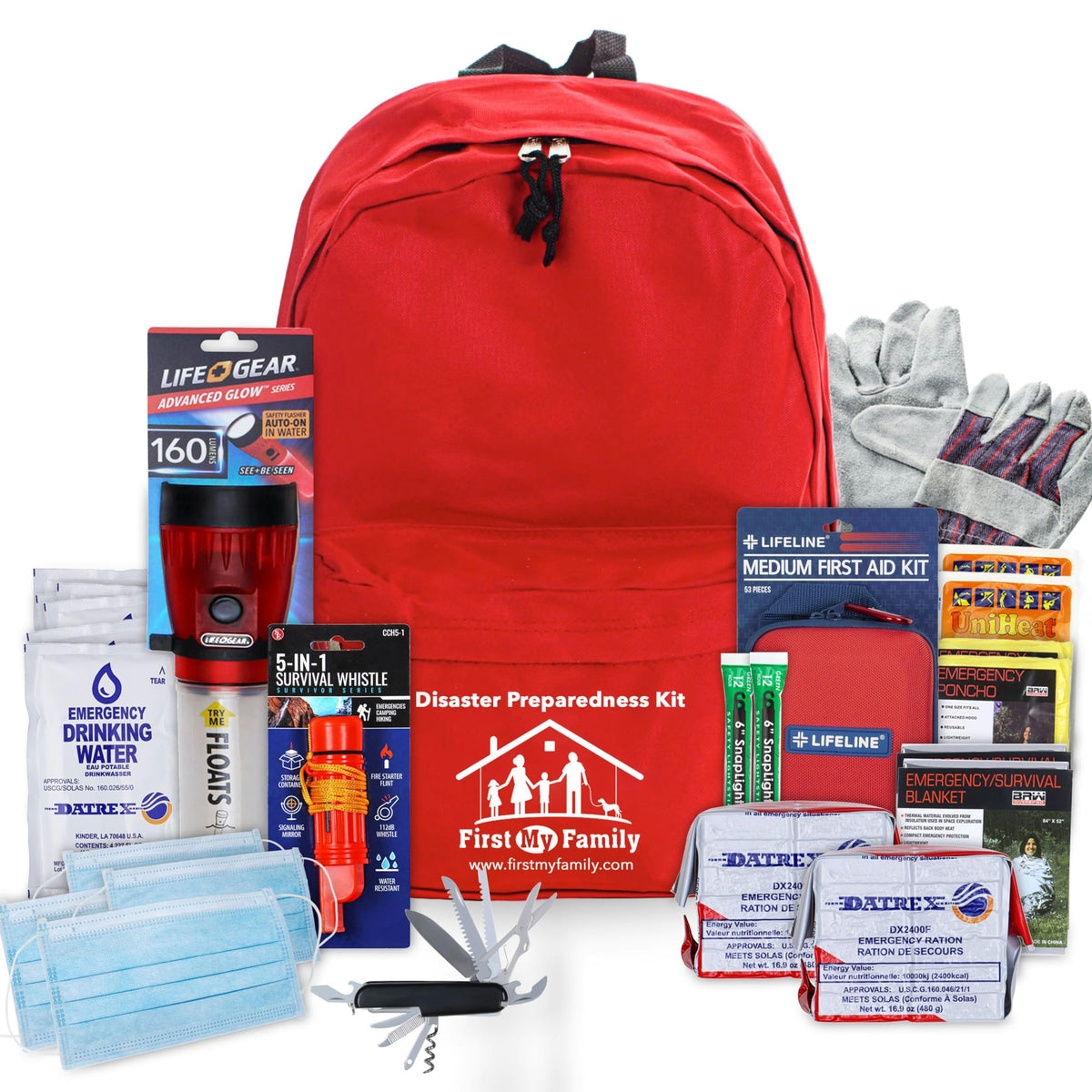 First My Family All-in-One Premium 2-Person Emergency Survival Kit | Hurricane & Earthquake Preparedness Supplies | Disaster Backpack with 72-Hour Survival Gear, First Aid, and More