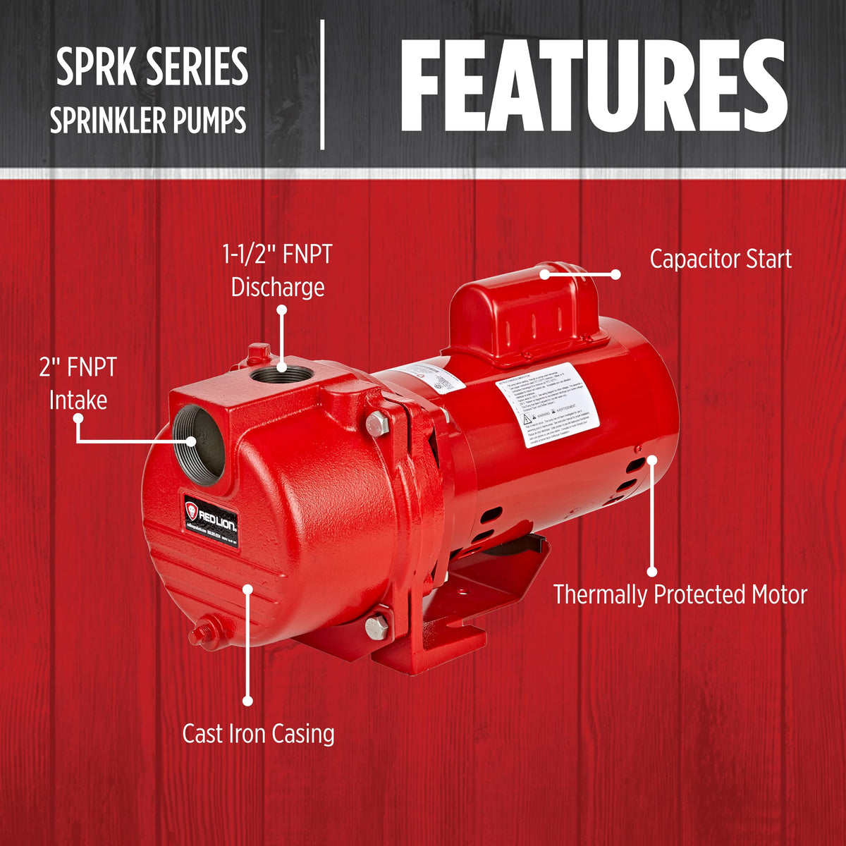Red Lion RL-SPRK-200-BR, 230 Volt, 2HP, 77 GPM, Sprinkler/Irrigation Pump with Brass Impeller, Red, 97102002