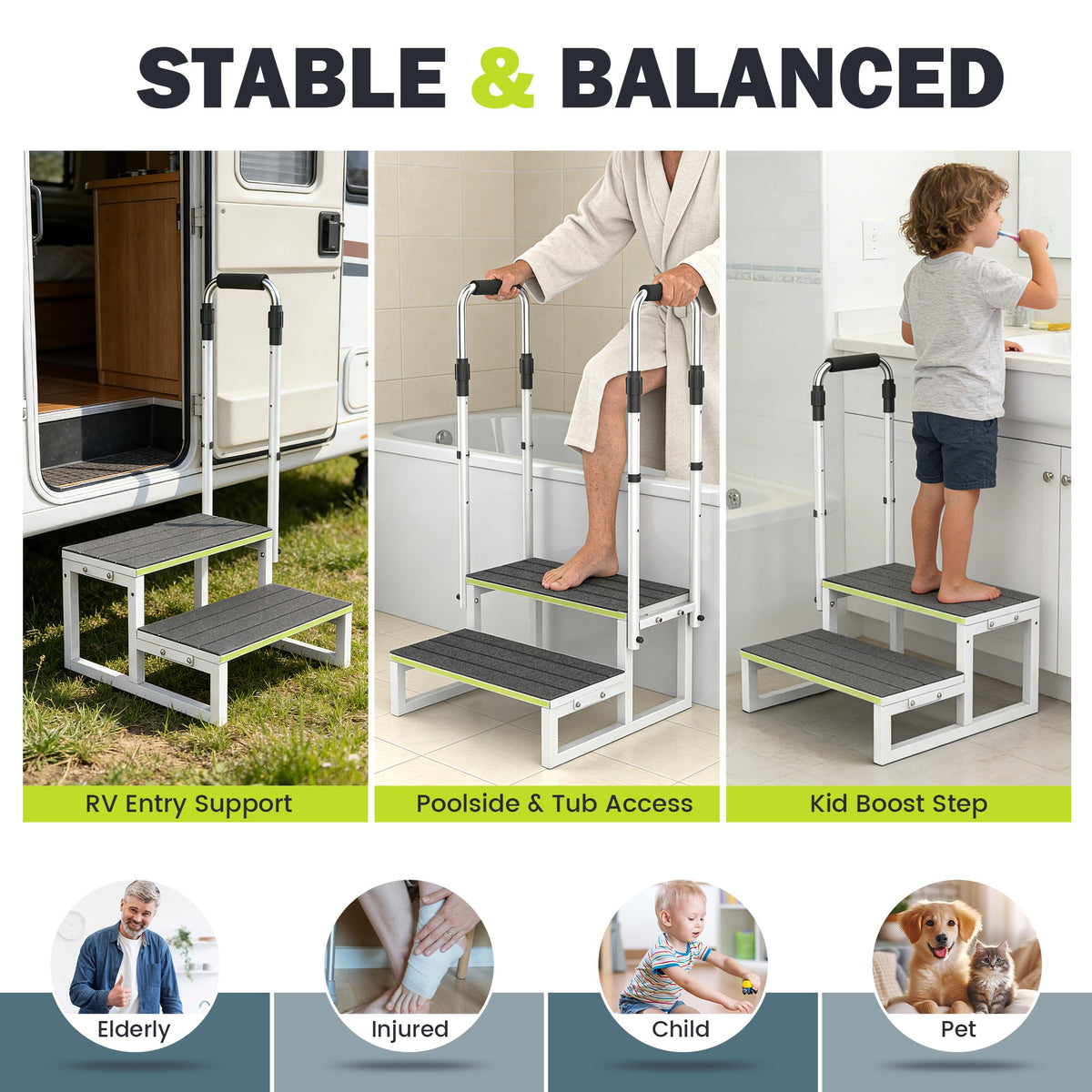 DEPSUNNY RV Step Stool with Handrail, 2 Steps 2 Handrails, Wider Platform, Anti-Slip Mats, Step Stool with Handle for Elderly, Portable RV Stairs for Hot Tub/Camper/Mobile Home/SPA Pool/Pet Stairs