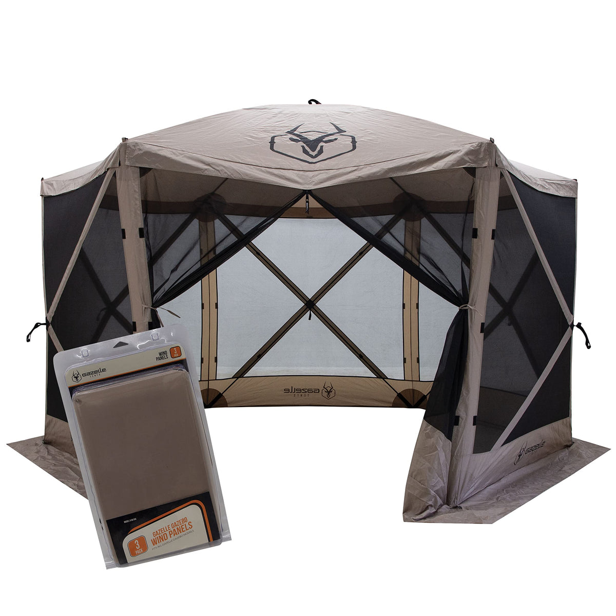 Gazelle Tents™ G6 6-Sided Portable Gazebo with TriTech Mesh, Easy Pop-Up Hub Screen Tent, Waterproof, UV Resistant, 8-Person & Table, Desert Sand, 86" x 124" x 124", GK914, Includes 3 Wind Panels