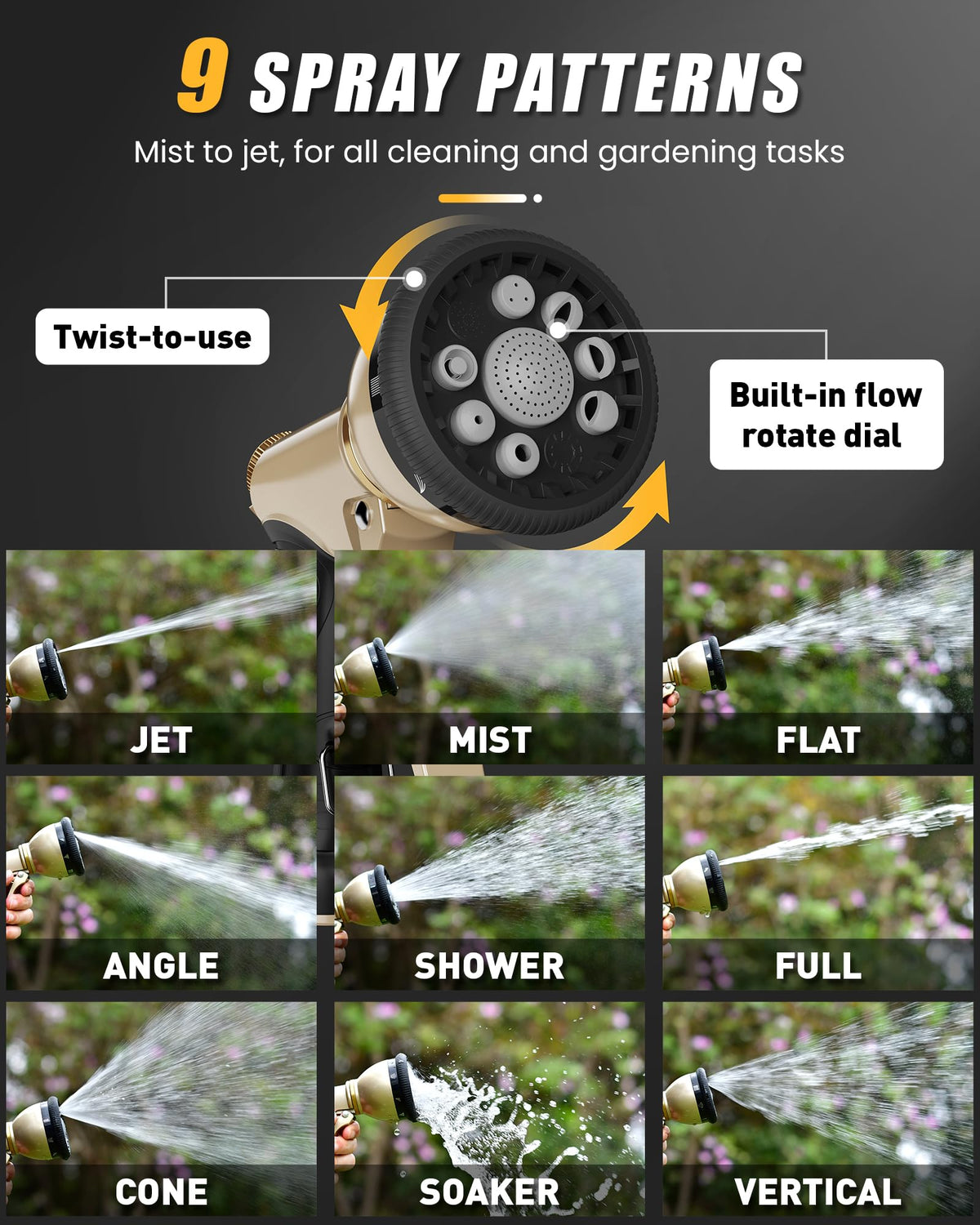 RAINPOINT Garden Hose Nozzle, Hose Sprayer Nozzle with 9 Spray Patterns, High Pressure Water Hose Nozzle Heavy Duty Metal Hand Sprayer, Watering Plants and Lawn, Car Washing, Pet Showering,Grey 2pcs