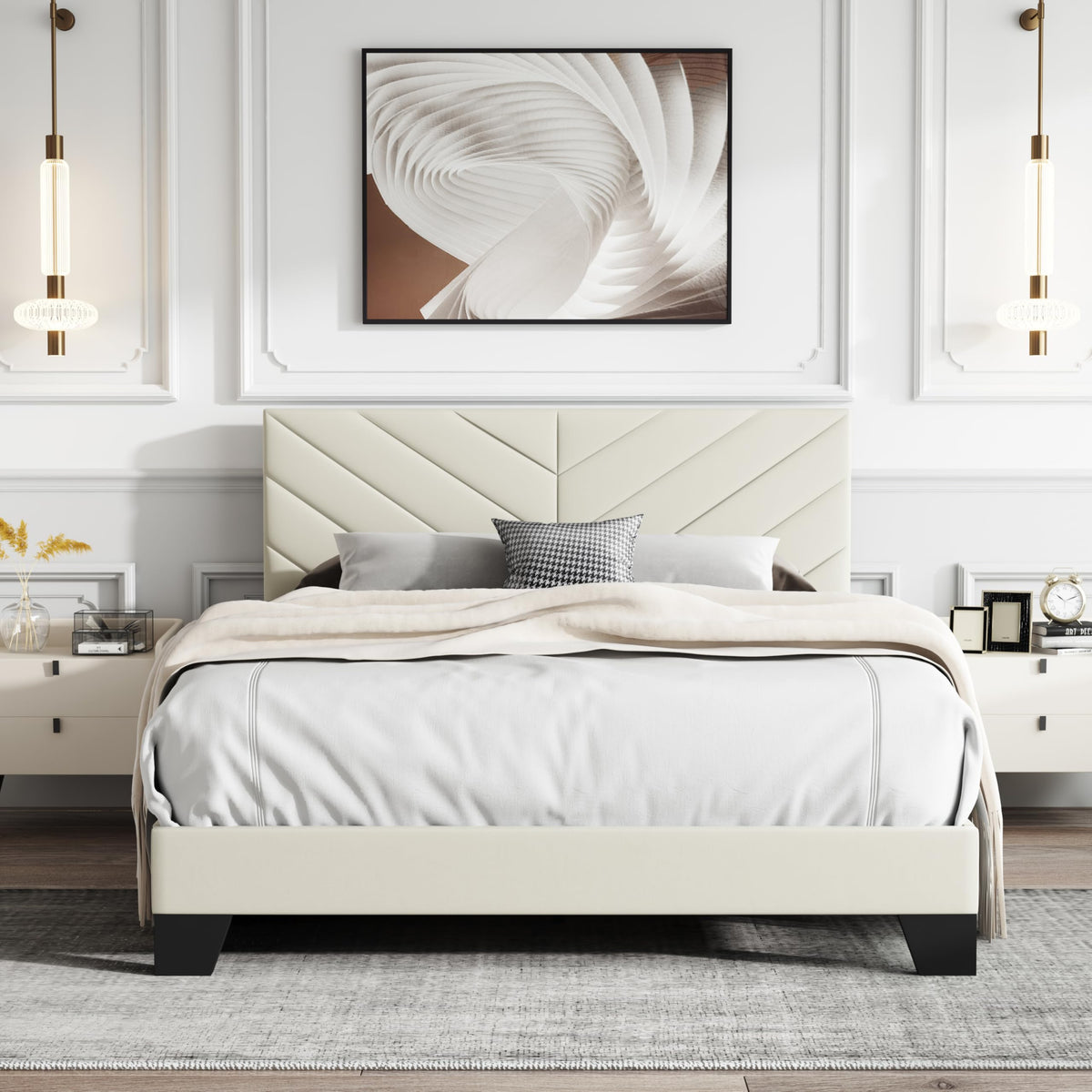 IOILORI Full Size Bed Frame Platform with Upholstered Headboard, Sturdy Wooden Slats, Noiseless, No Springs Required, Easy to Assemble Beige