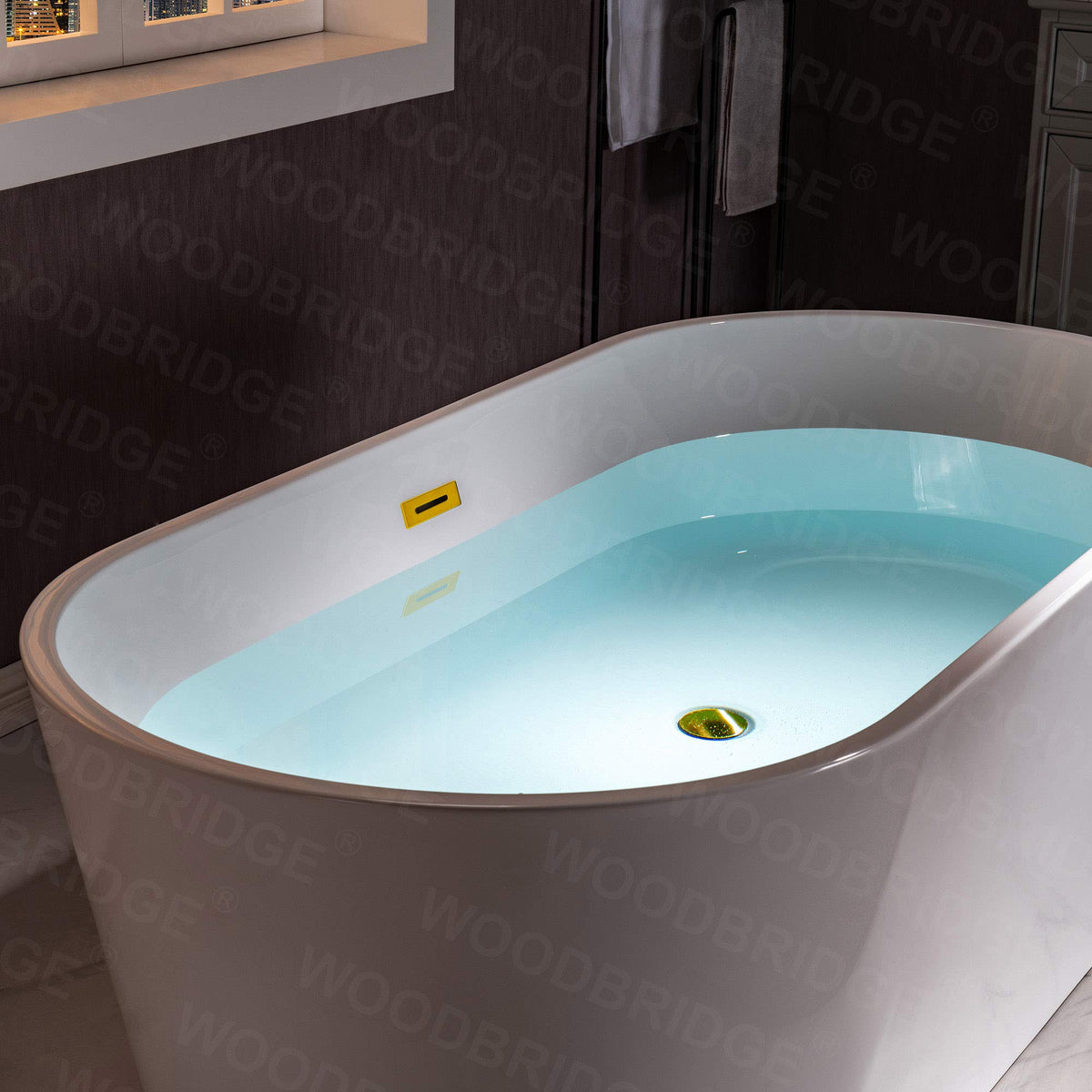 WOODBRIDGE 54"Freestanding White Acylic Soaking Bathtub with Brushed Gold Drain and Overflow,BTA1702-BG-Drain&O