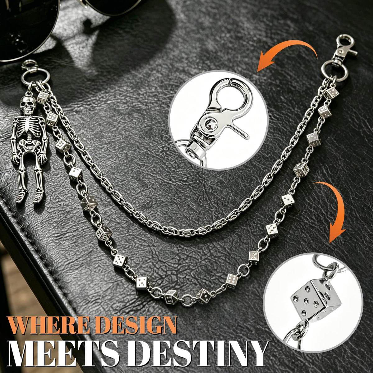 Skull Wallet Chain with 3D Dice Links for Men Women - 2 Layer Punk Pants Chain with Gothic Metal Ornament, Heavy Duty Biker Jean Chain Grunge Belt Loop Accessories for Eboy Egirl Streetwear(Silver)