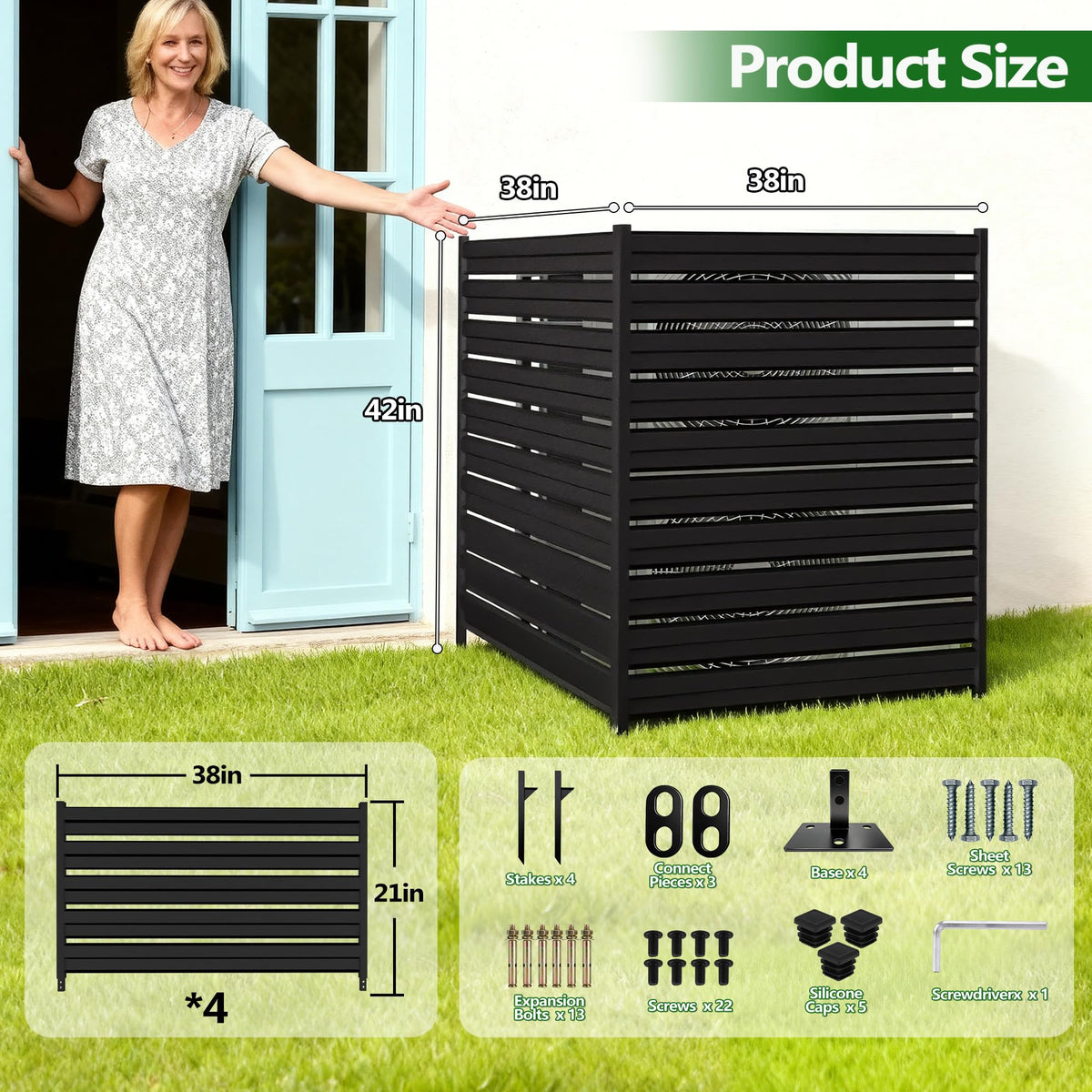 GILPWA 42" H x 38" W (2 Panels) Outdoor Privacy Screens, Air Conditioner Fence Metal Trash Can Privacy Fence Panels for Garden, Pool Equipment Enclosure, No Dig Backyard Patio Fencing (Black)