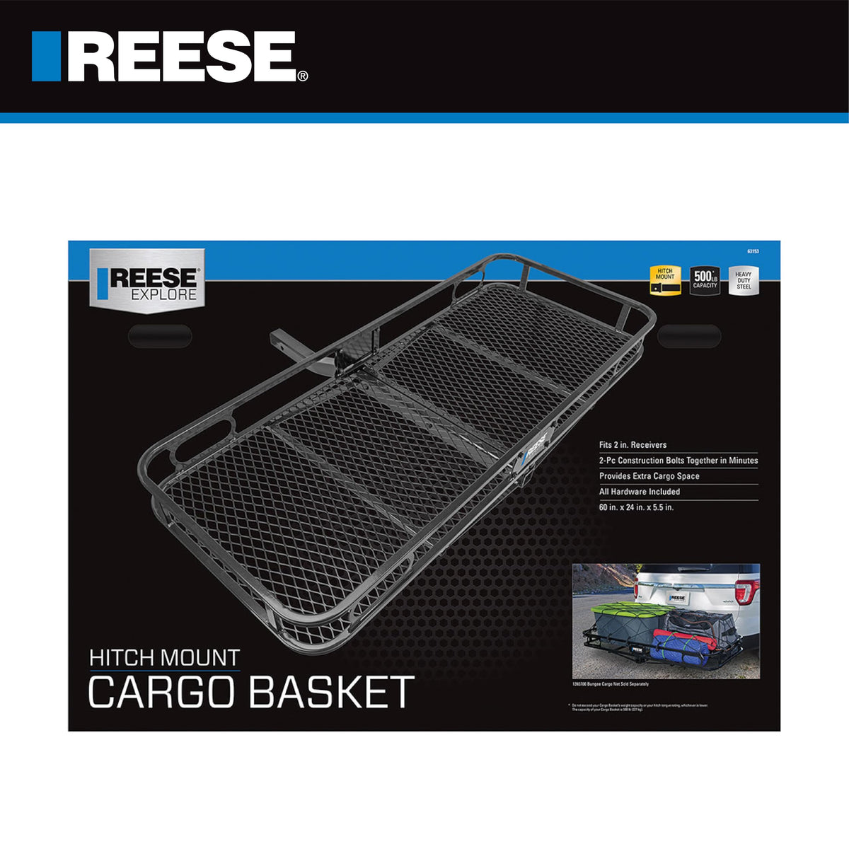 REESE Explore 63153 Rambler Hitch Mount Cargo Carrier, 60 X 24 Inches, Fits 2 Inch Receivers, 500 lbs. Capacity