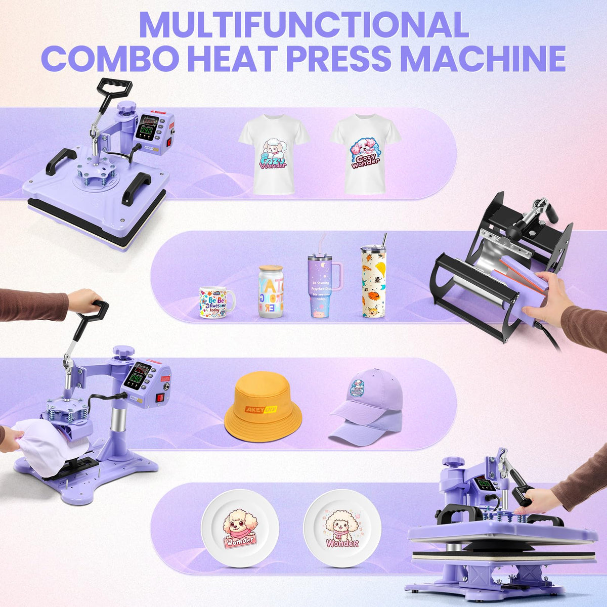 WHUBEFY Heat Press,8 in 1 Tshirt Printing Machine 15"x12" Digital Industrial Heat Transfer Machine,Sublimation Heat Press Machine for T Shirts/Mug/Cap/Plate/DIY (8 in 1 Heat Press(Purple))