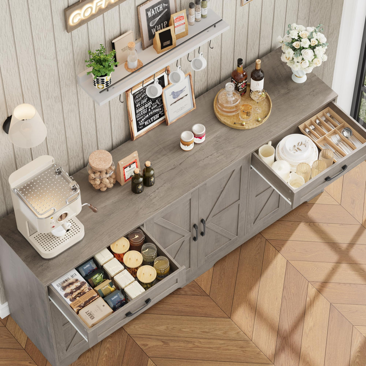 BOTLOG 71” Large Sideboard Buffet Cabinet with Storage, Farmhouse Kitchen Buffet Cabinet with Adjustable Shelves and 6 Barn Doors, Wood Coffee Wine Bar Console Table, White, Ash Grey (Ash Grey)