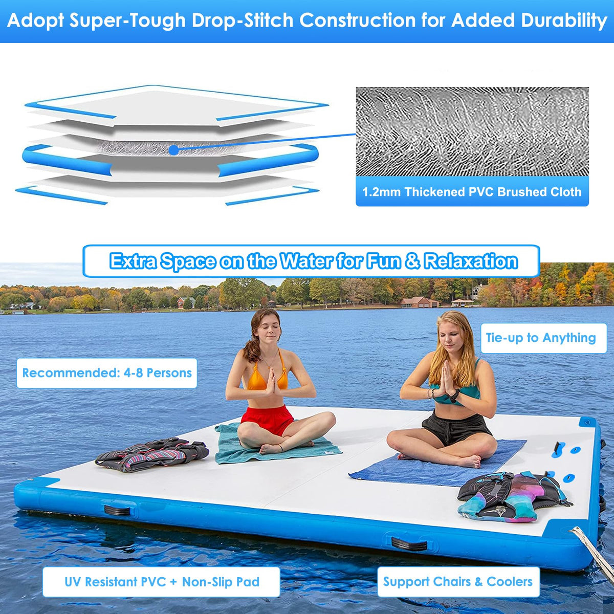 GZKYYLEGS Inflatable Floating Dock, 8 ft x 6 ft Inflatable Water Platform Swim Dock Mat with None-Slip Surface,6 Inch Thick PVC Construction,Floating Platform for Pool Beach Ocean
