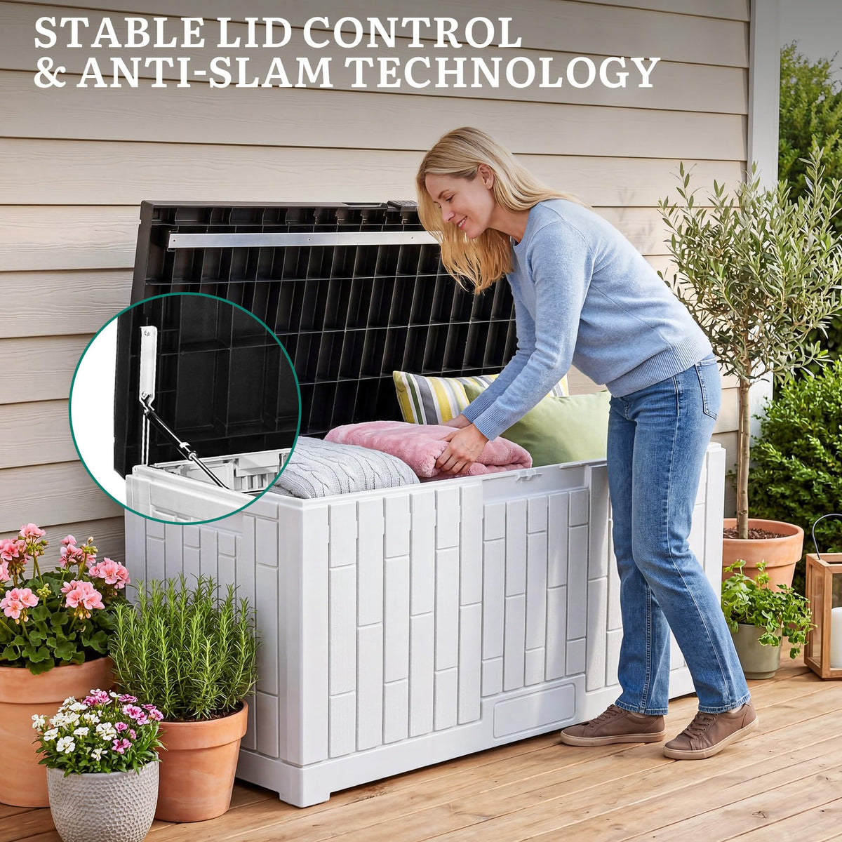 YITAHOME Large Deck Box 120 Gallon Resin Outdoor Storage Box w/Slide-Locking Black Lid, Patio Storage Bin for Outdoor Pillows, Garden Tools and Pool Supplies, Waterproof, Lockable, Grayish-White