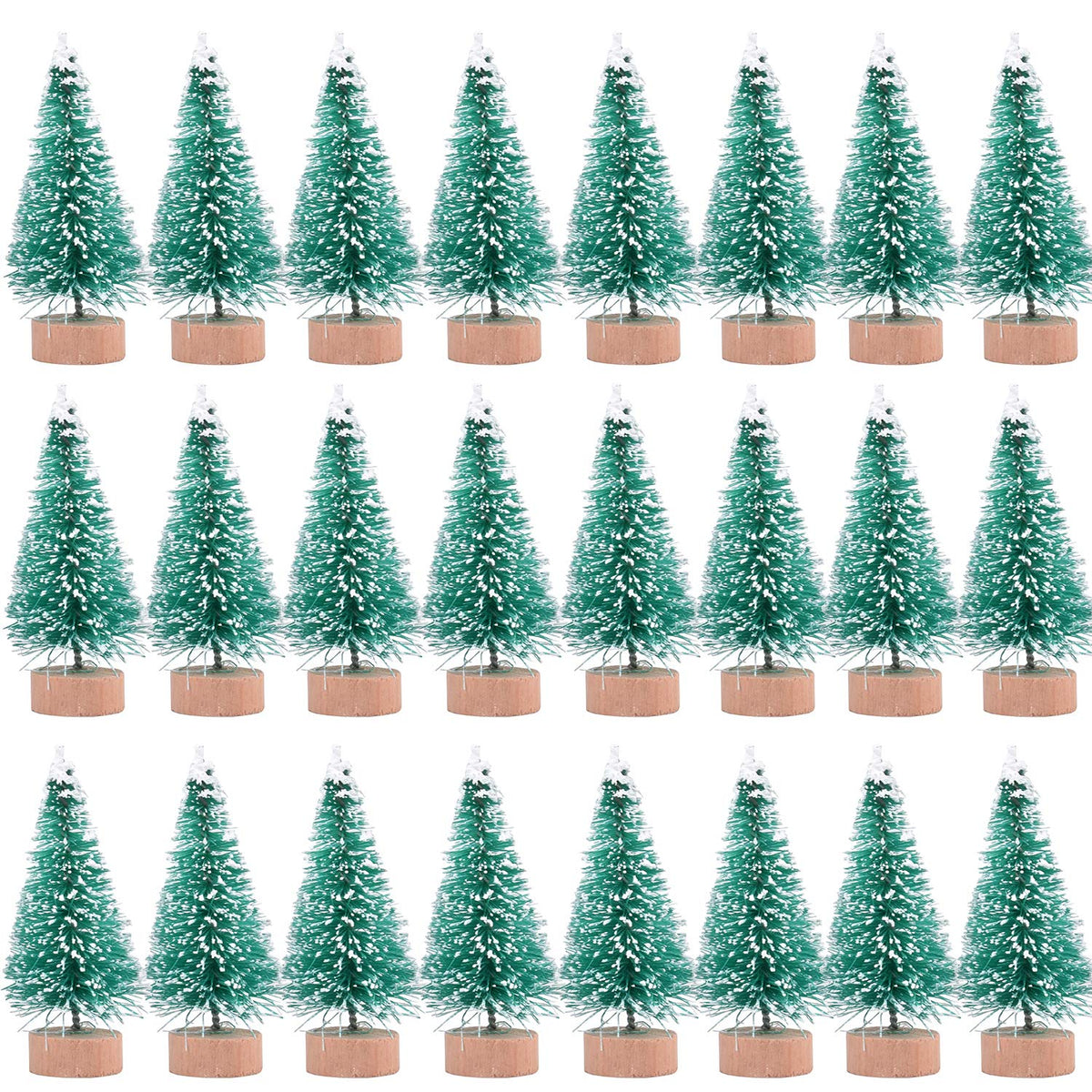 24 Pieces Artificial Mini Christmas Sisal Snow Frost Trees with Wood Base Bottle Brush Trees Plastic Winter Snow Ornaments Tabletop Trees for Christmas Party Home Decoration (Green)