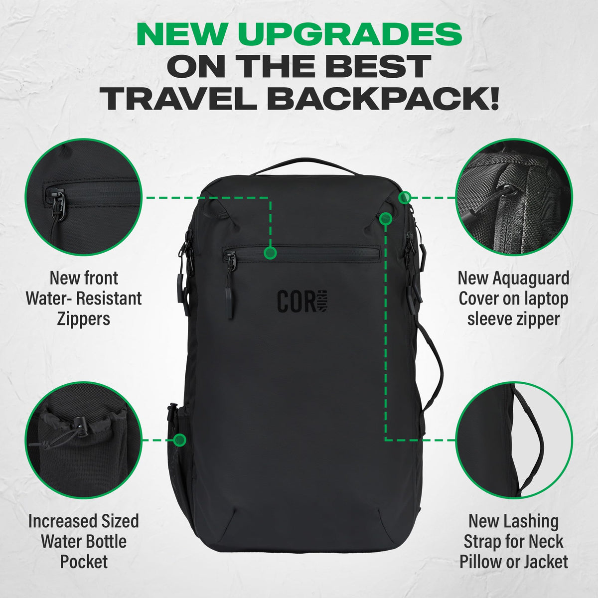 COR Surf Carry On Travel Backpack Bundle | Island Hopper Travel Backpack with Toiletry Bag and Compression Packing Cube Set (28L, Black)