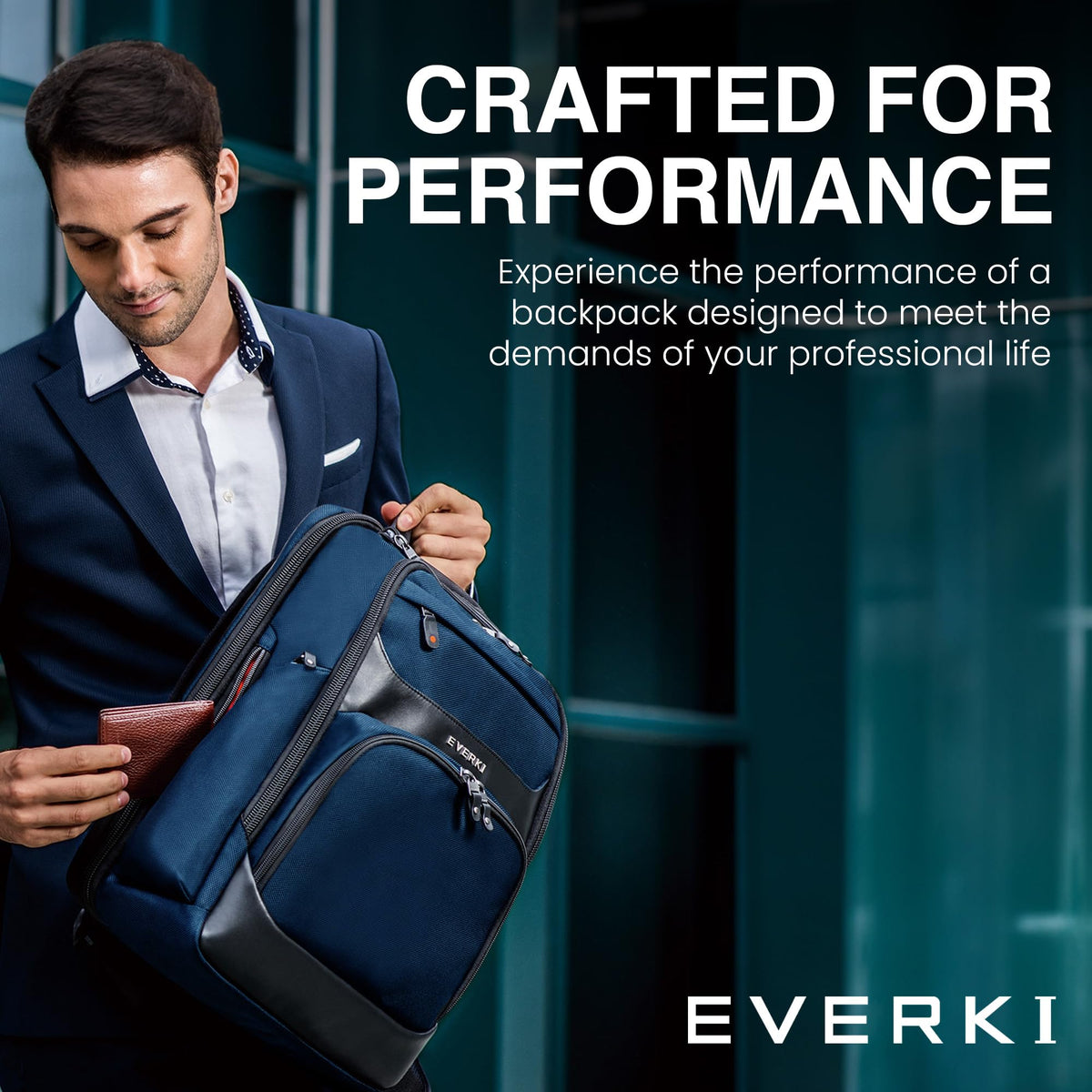 EVERKI Onyx Premium Business Executive Laptop Backpack + Compression Packing Cube Set (S & M), 36L Capacity, 17.3" Laptop Compartment, Durable Water-Repellent Nylon & Leather Office Backpack - Navy