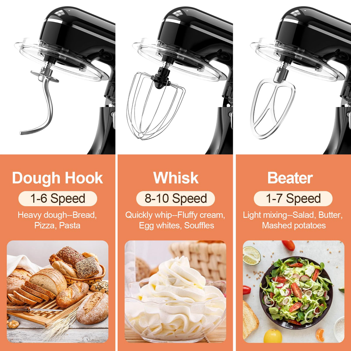 CEBORY 3-IN-1 Electric Stand Mixer, 6.5QT Bowl 660W 10-Speed Kitchen Mixer, Household Food Mixers include Dough Hook, Beater and Whisk, Bread Cake Mixer for Baking and Most Home Cooks, Black