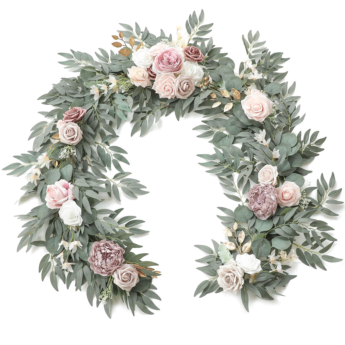 Floroom 6ft Artificial Eucalyptus Garland with Flowers Fake Greenery Faux Floral Vine Garland for Table Decor Wedding Centerpieces Bridal Shower Party Decorations, Garden Dusty Rose