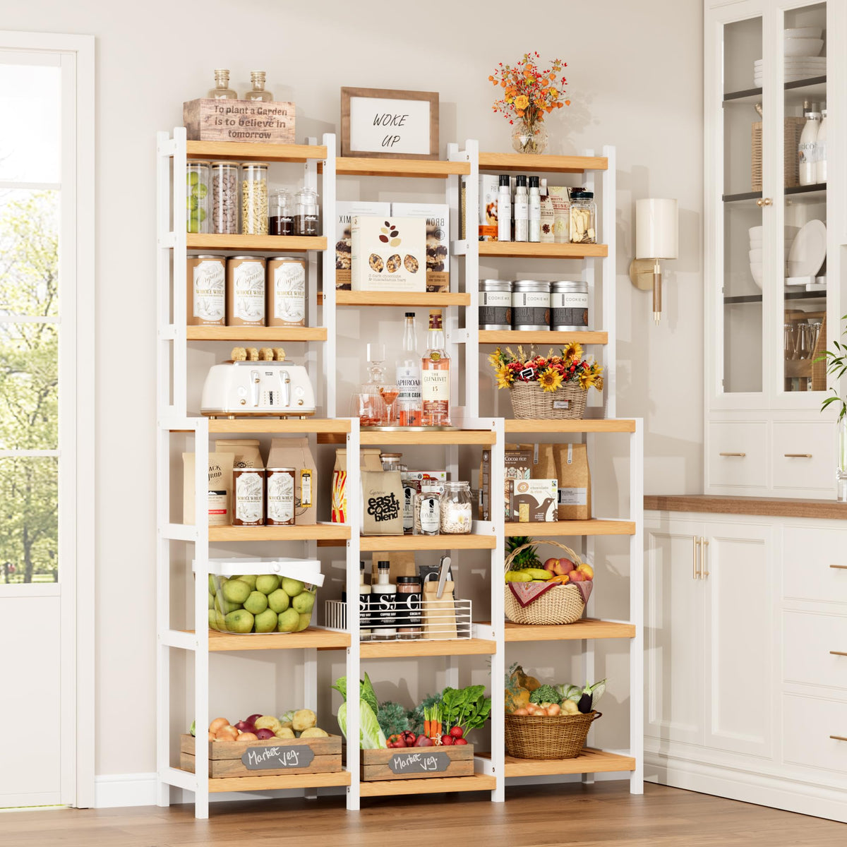 FOTOSOK Bamboo Shelf, 7 Tier Plant Stand Indoor, 3 Row Ladder Shelf, Bookshelf and Bookcase, Corner Display Stand with Adjustable, Flower Stand for Living Room Balcony Kitchen, White and Natural
