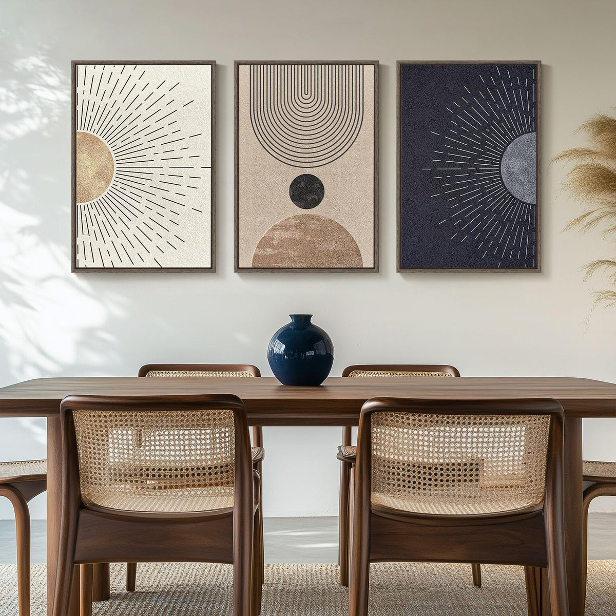 Framed Large Boho Neutral Abstract Wall Art for Living Room, Black Beige Sun and Moon Paintings Prints for Hallway Office, Set of 3 Piece Modern Minimalist Canvas Artwork Pictures 24x36 Inch