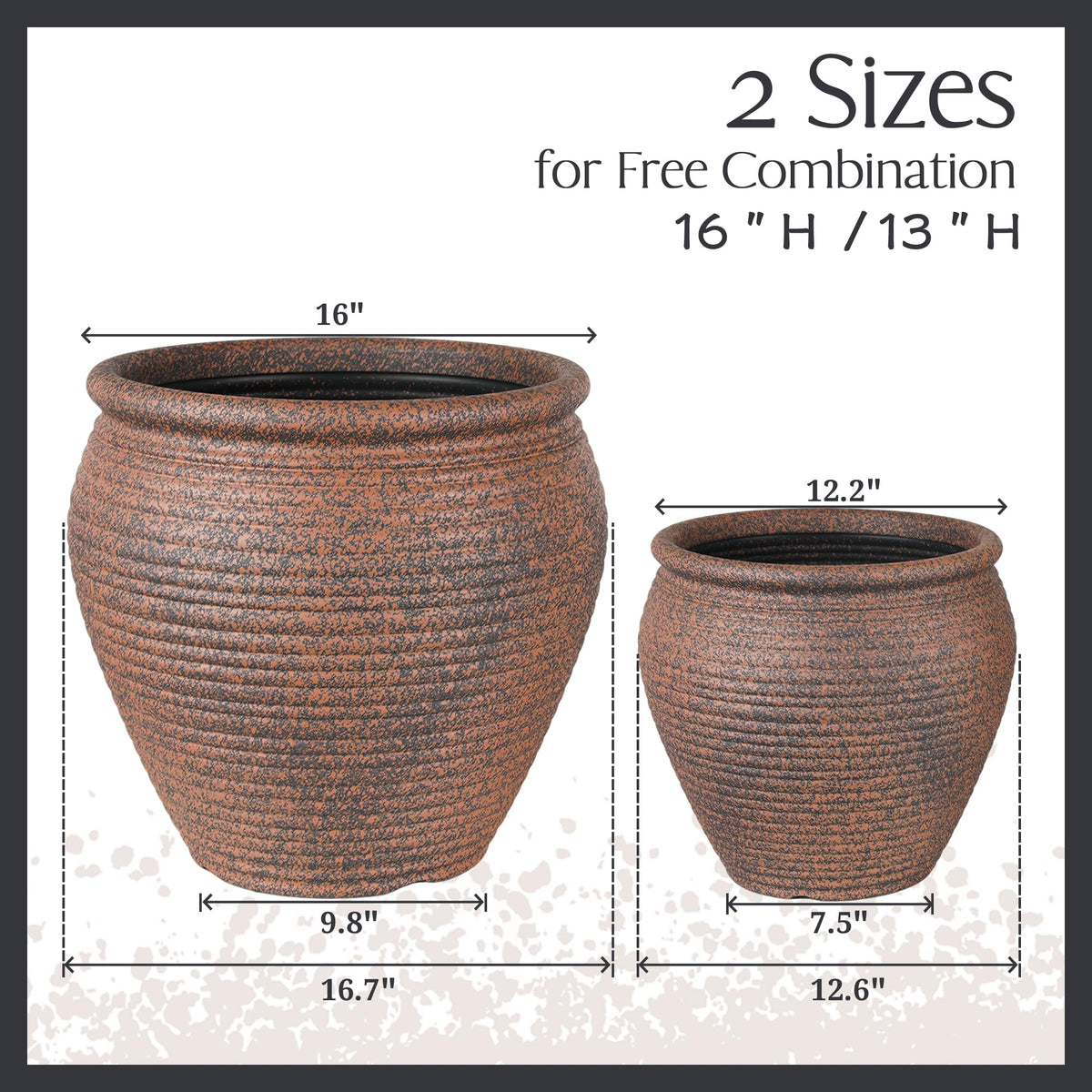 WORTH Clay-Pot-Style Plastic Planter Pots Set of 2 (Large: 17"Dia x 16"H & Small: 13"Dia x 13"H), Rustic style Flower Pots, Lightweight Plant Pots with Drainage Hole & Plug for Indoor & Outdoor Use
