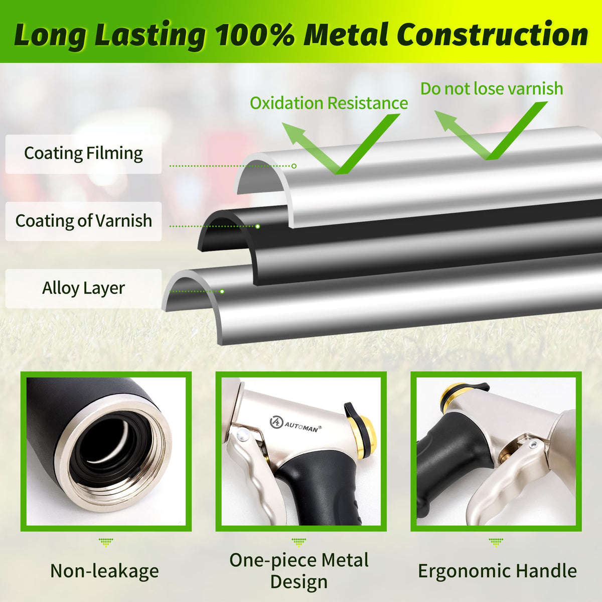 AUTOMAN Metal Hose Nozzle, High Pressure Garden Hose Sprayer, 100% Metal Water Hose Nozzle, Adjustable Watering Nozzle, Heavy Duty Garden Nozzle for Watering Plants & Lawns, Washing Cars & Pets