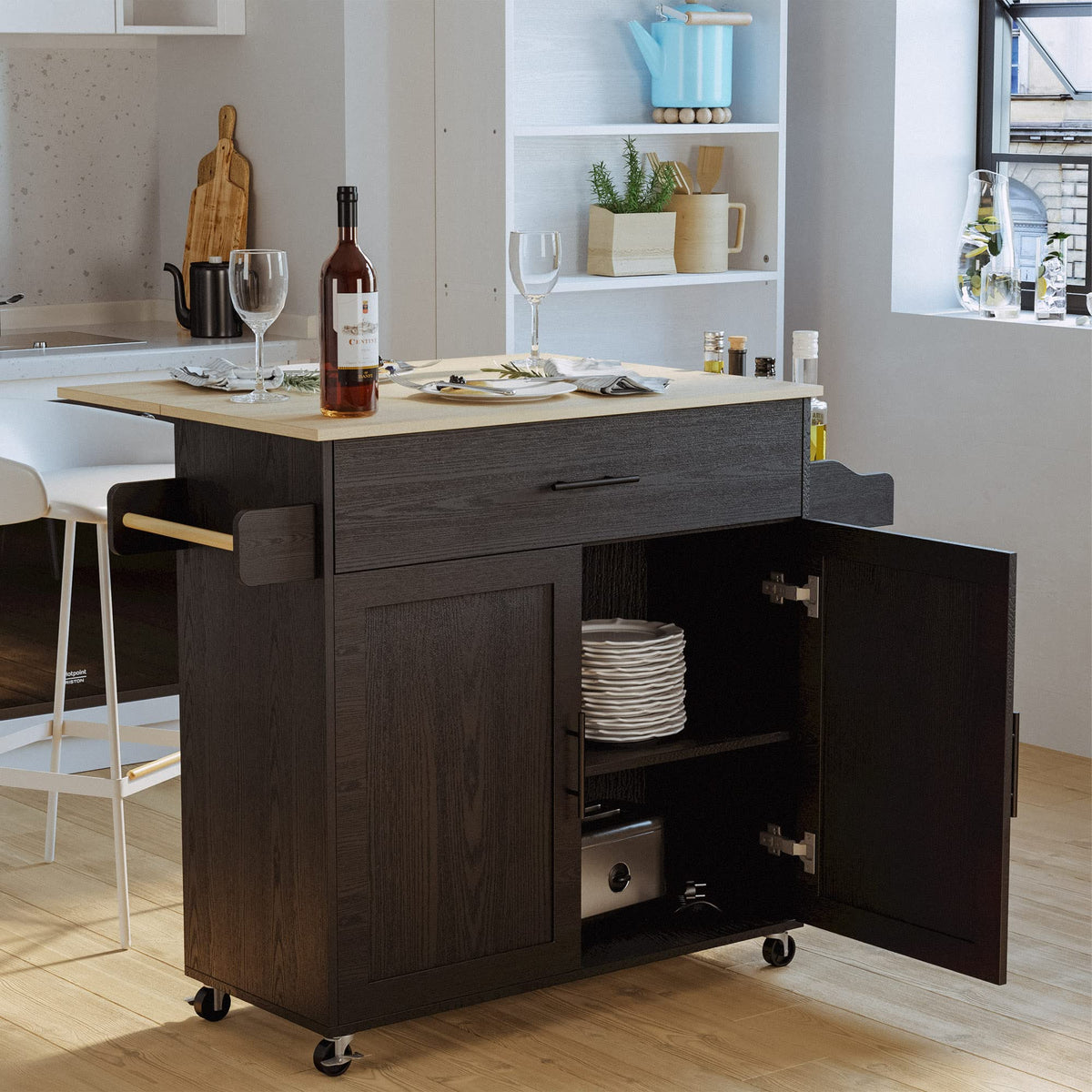 IRONCK Rolling Kitchen Island Table on Wheels with Drop Leaf, Storage Cabinet, Drawer, Spice/Towel Rack, Kitchen Cart, 47.25" Wide Black