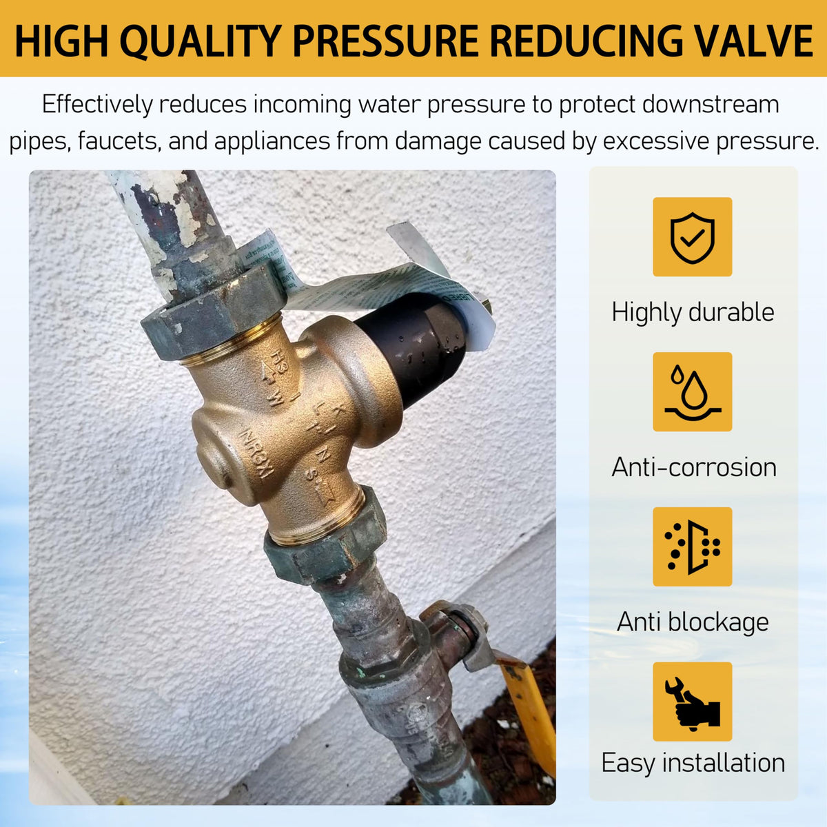 Water Pressure Regulator 1-NR3XLDU 1" with Double Union FNPT Connection Adjustable 15-75 PSI, Built-In Stainless Steel Strainer for Home, Commercial, Plumbing Applications