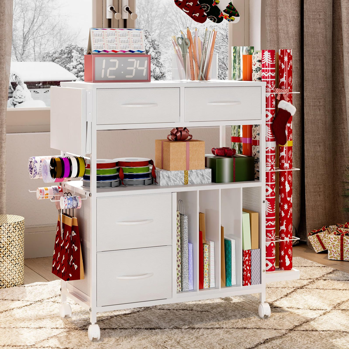 Wrapping Paper Storage Cart with Foldable Table, 3 Tier Gift Wrap Organizer with Drawers, Holds 8 Rolls, 8 Slap Bands, Rolling Craft Storage Station for Ribbons Gift Bags Supplies (White)