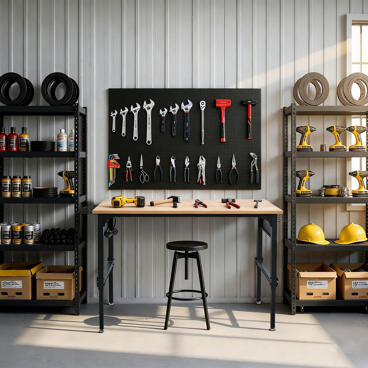 60" Heavy-Duty Garage Workbench, 2300LBS Capacity Work Table with Power Strip, Work Bench for Garage, Workshop, Office, Warehouse & Home