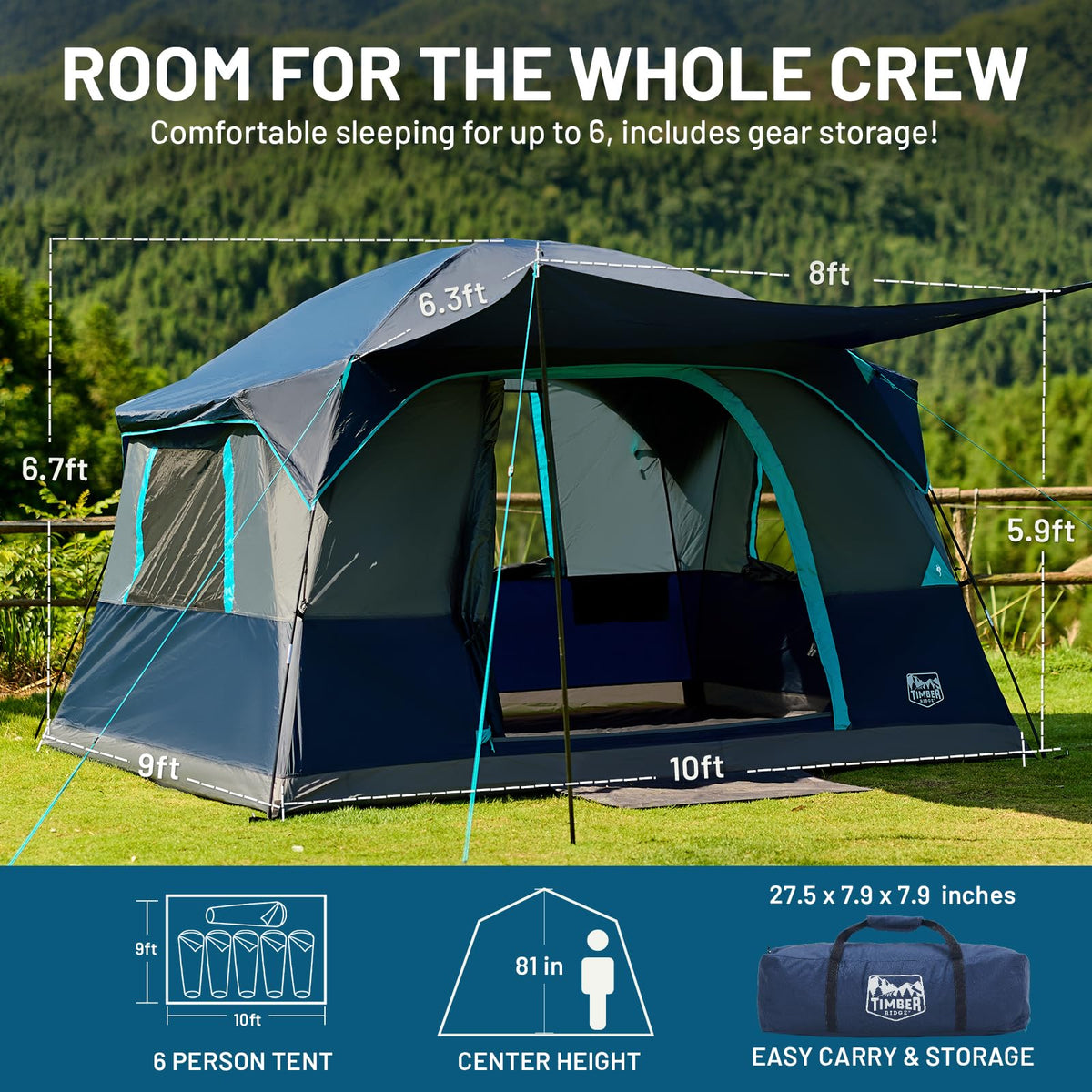 Timber Ridge 6 Person Camping Tent, Large Family Tents Cabin Tent with Vestibule and Storage Pockets, Waterproof PU2000mm Tent for Camping Accessories