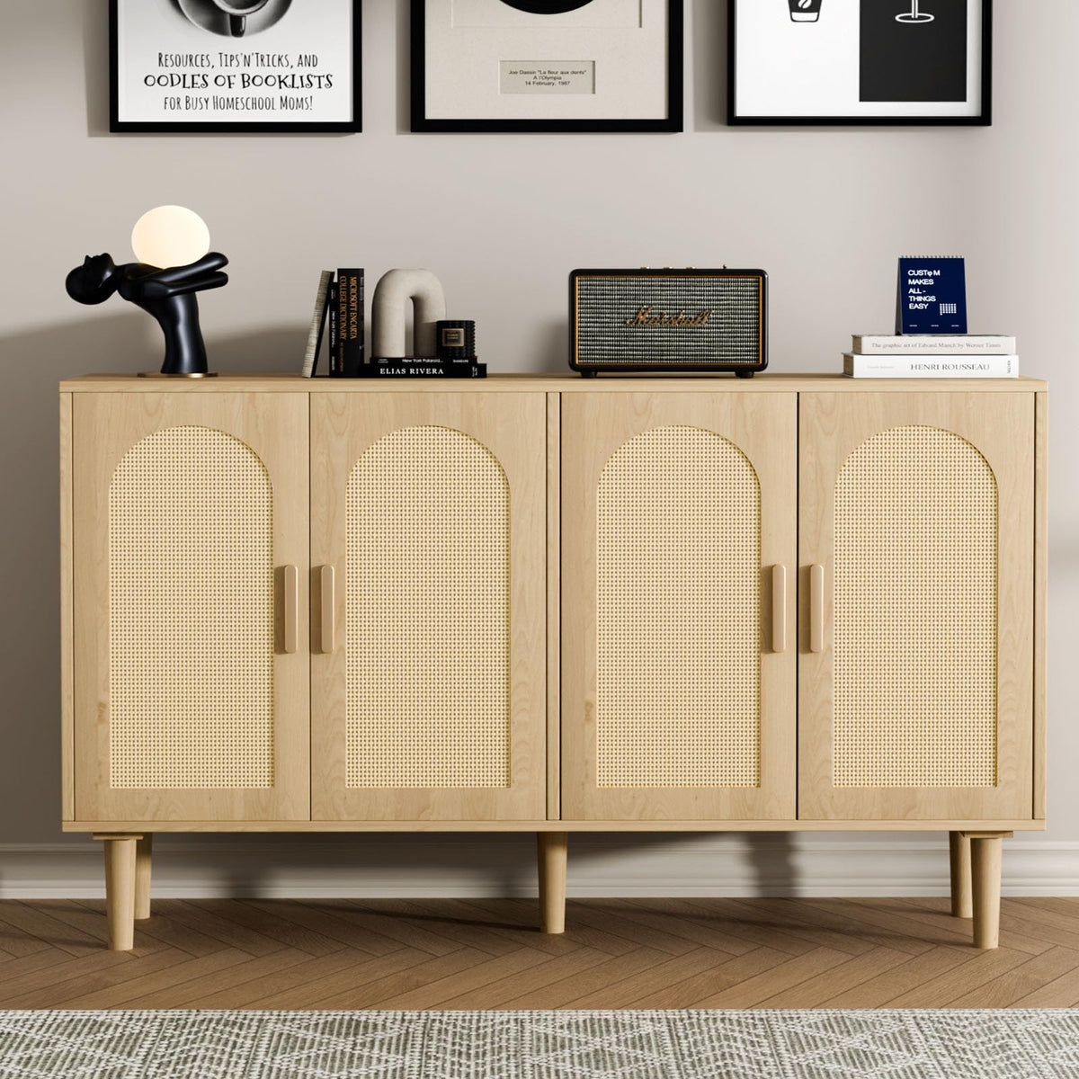Sideboard Buffet Cabinet with Storage, Retro Rattan Storage Cabinet Kitchen Sideboard Buffet with Artistic Carved Handle for Dining Room Living Room, (Oak)