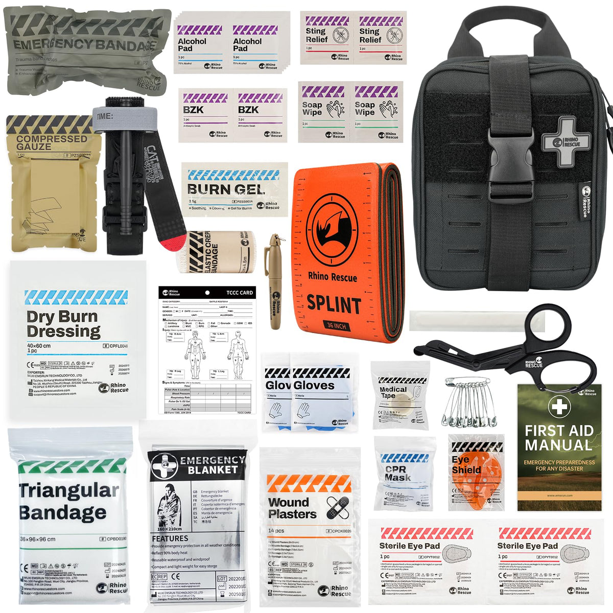 RHINO RESCUE Bundle IFAK Trauma Kit with C-A-T Tourniquet for Wound Care, Tactical First Aid Kit+Chest Seal Non-Vented, Sterile Emergency Trauma Dressing