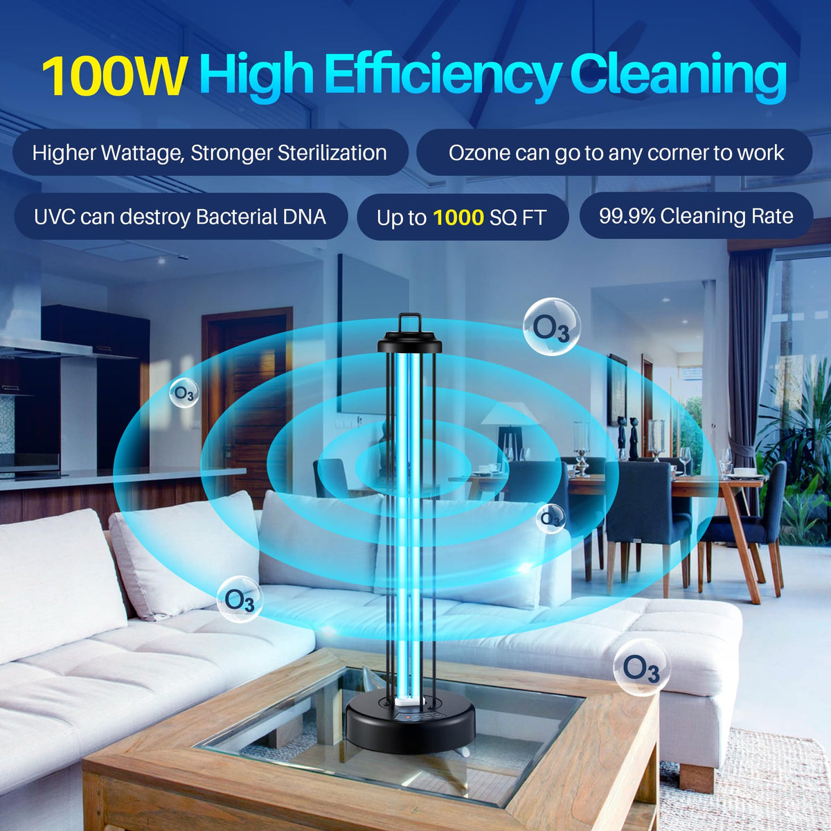 Qualirey 100W UV Light Sanitizer with Ozone Purifier for Room, UV Lamp with 3 Gear Timer Remote Control, Home Disinfection Device for Large Space, Disinfection Faster and More Thoroughly