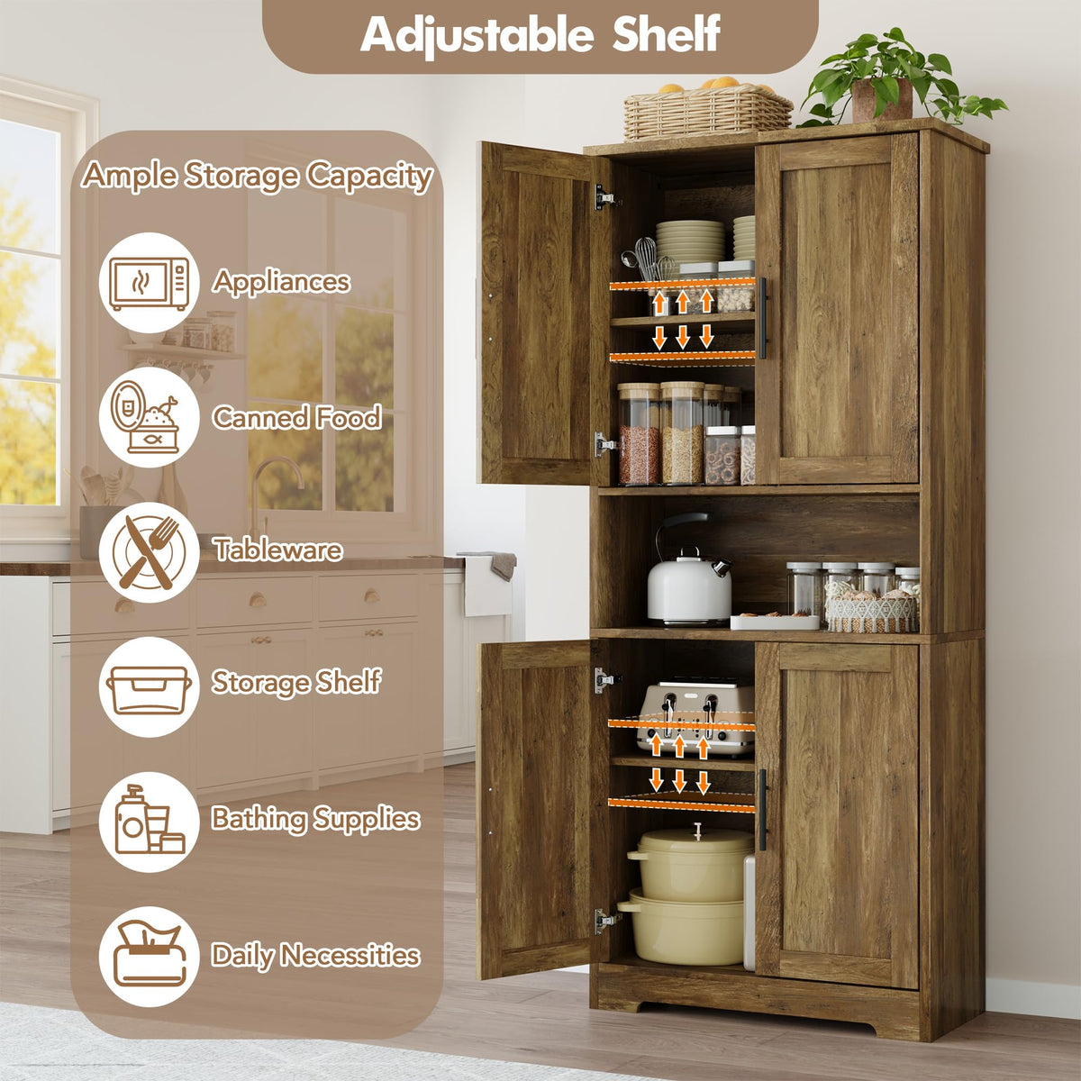 IDEALHOUSE Kitchen Pantry Cabinet, 70in Tall Storage Cabinet with Doors and Adjustable Shelves, Freestanding Cupboard for Living Room, Dining Room, Bathroom