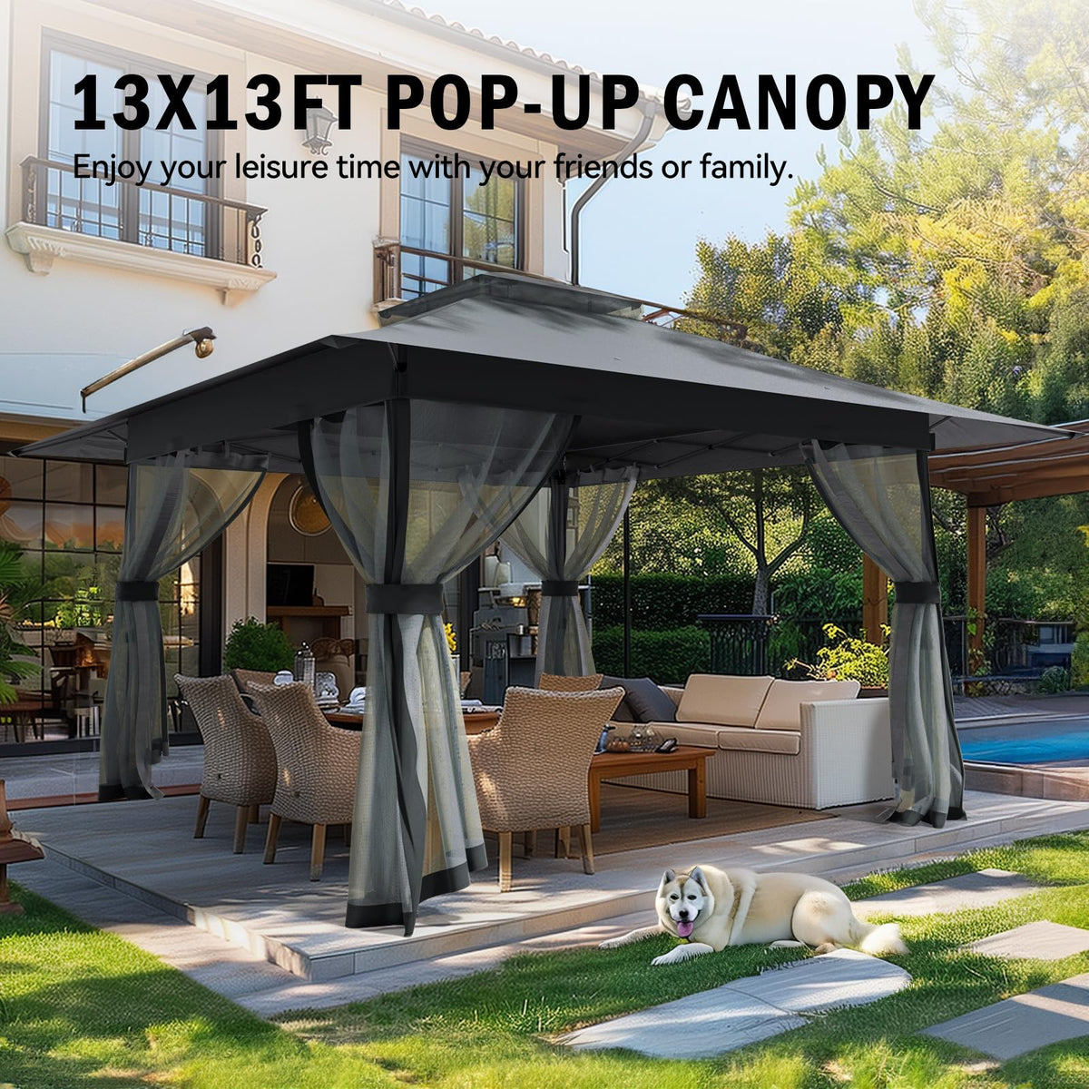 13x13 Outdoor Patio Gazebo with Mosquito Nettings - Double Roof Pop Up Canopy Tent with Wheeled Carry Bag, for Backyard Deck Lawns Garden (Gray, 13X13)