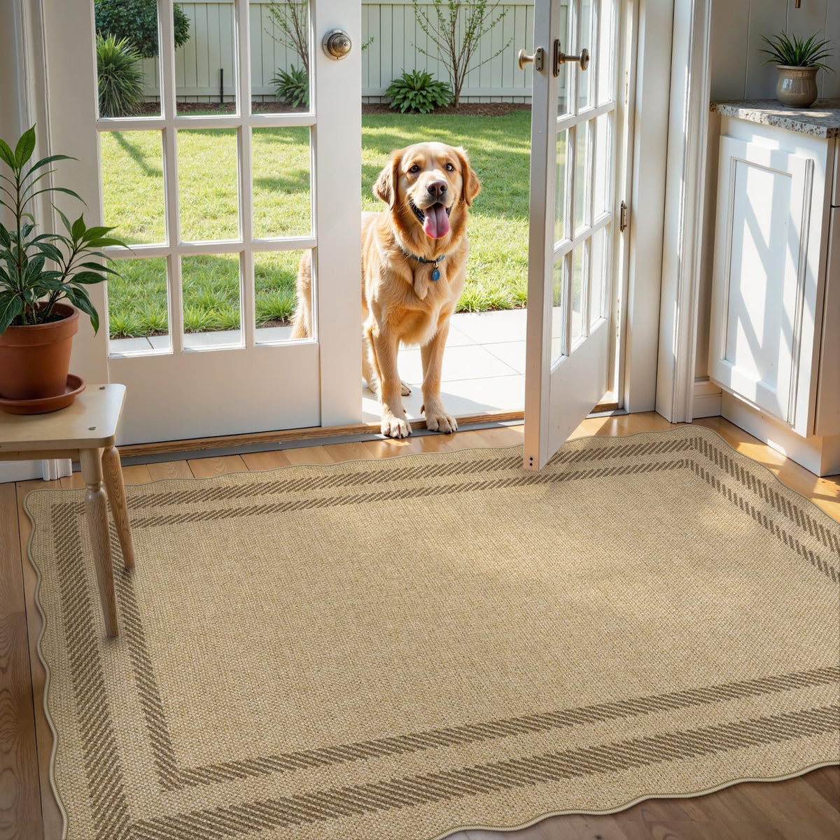 LIVEBOX Scalloped Easy Jute 3x5 Outdoor Rug, Washable Non-Slip Geometric Tan Rugs for Entryway, Indoor Outdoor Farmhouse Rug Modern Carpet Door Mat Area Rug for Patio Bedroom Living Room Kitchen Porch
