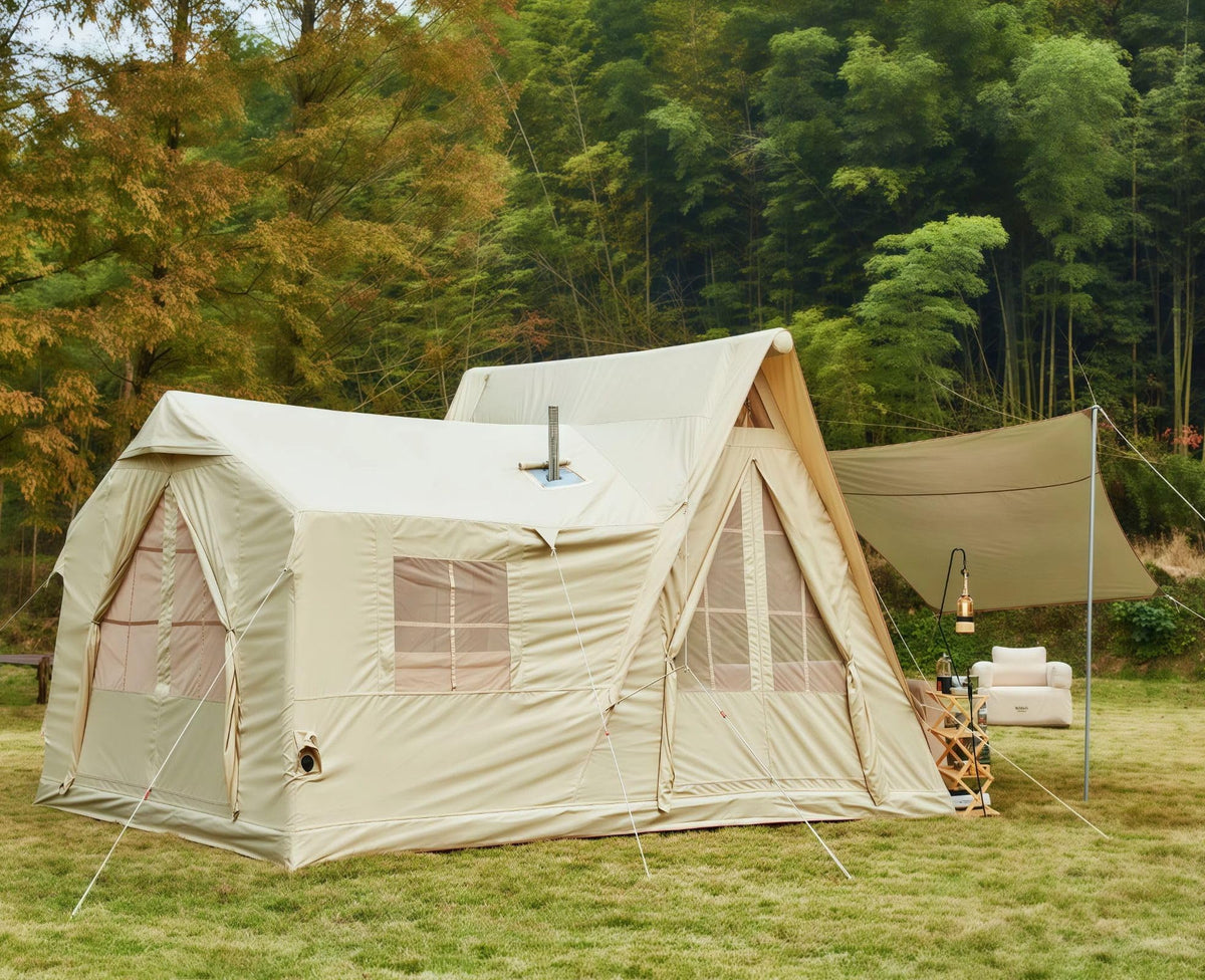 YOLENY 136 Sqft 8-10 People Inflatable Camping Tent with 4 Doors, Versatile Side Wall, Up to 8.7 Ft, 600D Oxford Cloth, AC Port, Stove Jack, Hand Pump, 4 Seasons