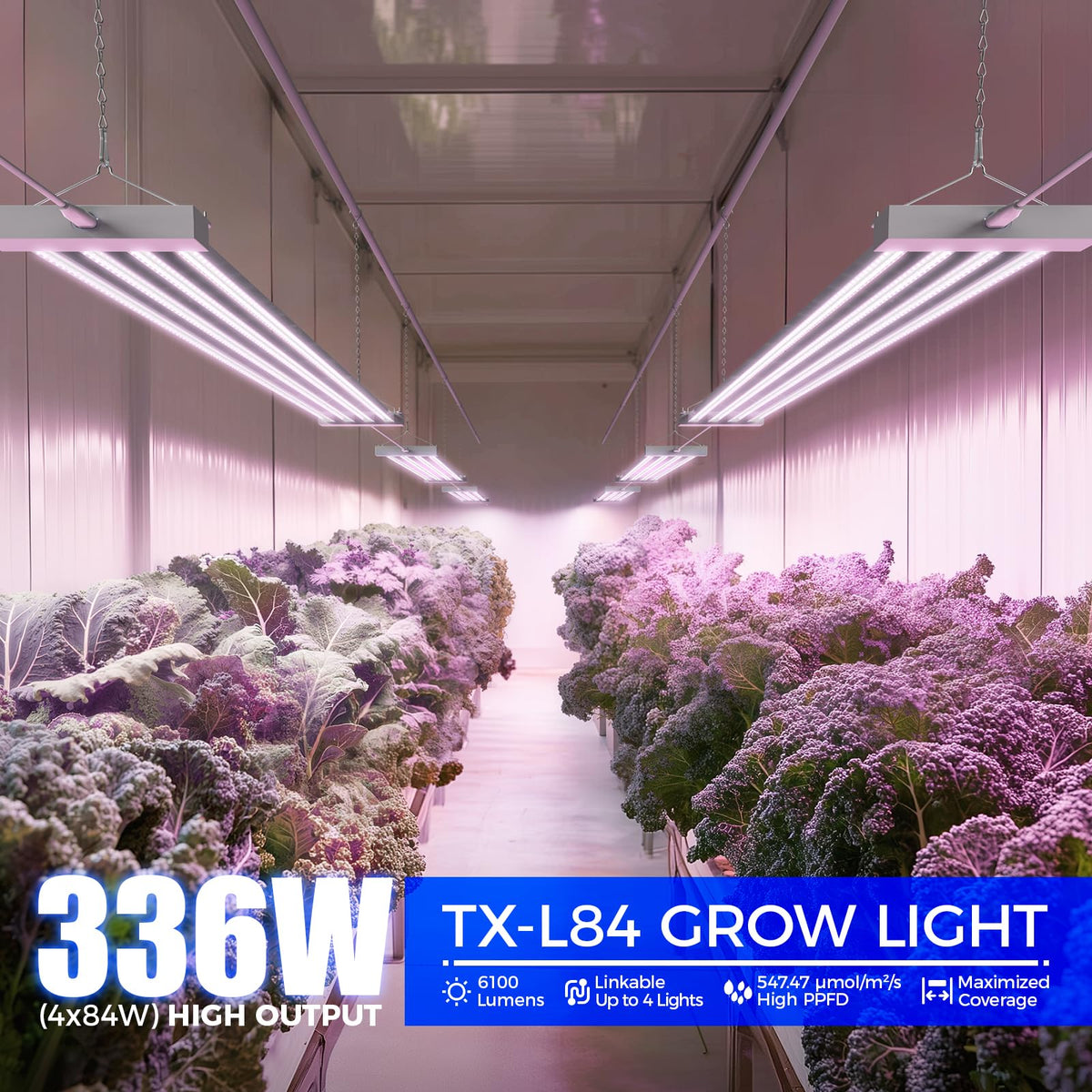 Barrina TX-L84 4FT LED Grow Light, 336W (4 x 84W), 4 Panel Wider Coverage, Full Spectrum, High PPFD, Mechanical Timer, Linkable, Hanging Light, Plant Stand with Grow Light for Indoor, Seeding, 4 Packs