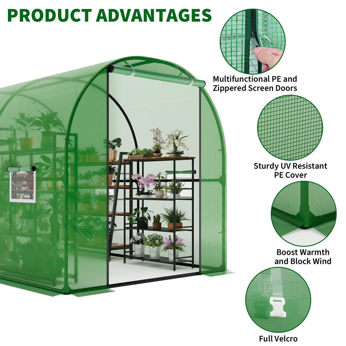 GarveeLife 8.2x6.6x6.6 ft Premium Greenhouse for Outdoors,Upgraded Portable Walk-in Heavy Duty Frame Large Garden Plant Hot Outside Hoop House,Green