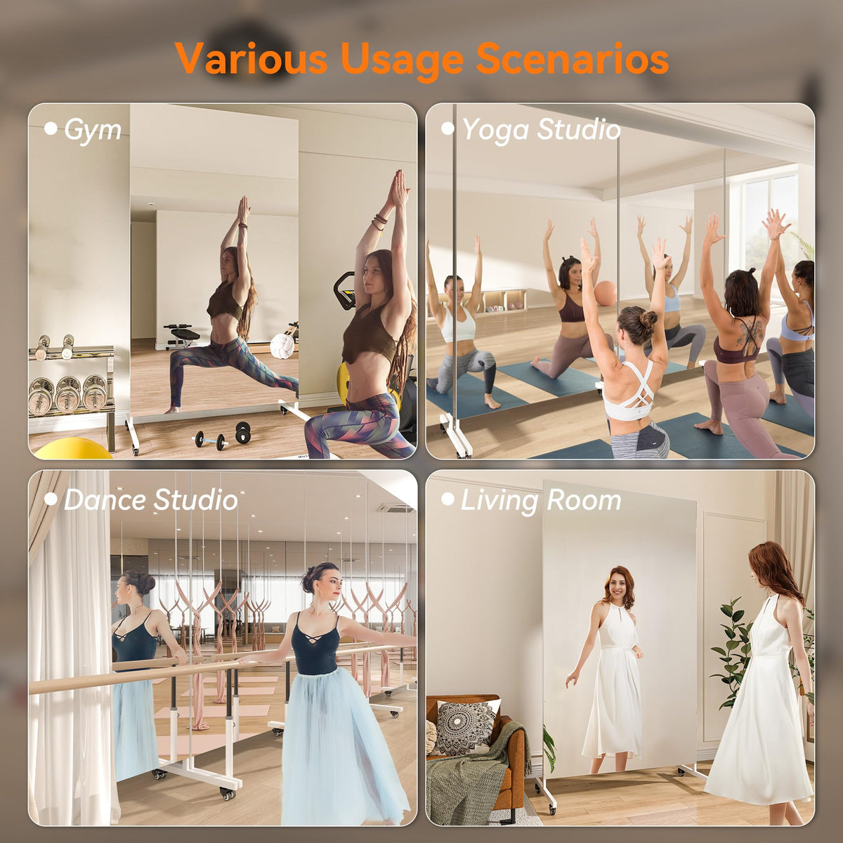 Hasipu Home Gym Mirror 360° Swivel on Wheels, 67" x 40" Extra Large Full Body Rolling and Tempered Glass Easy to Move Full Length Mirror for Yoga Studio, Bedroom, Dancing Studio, White