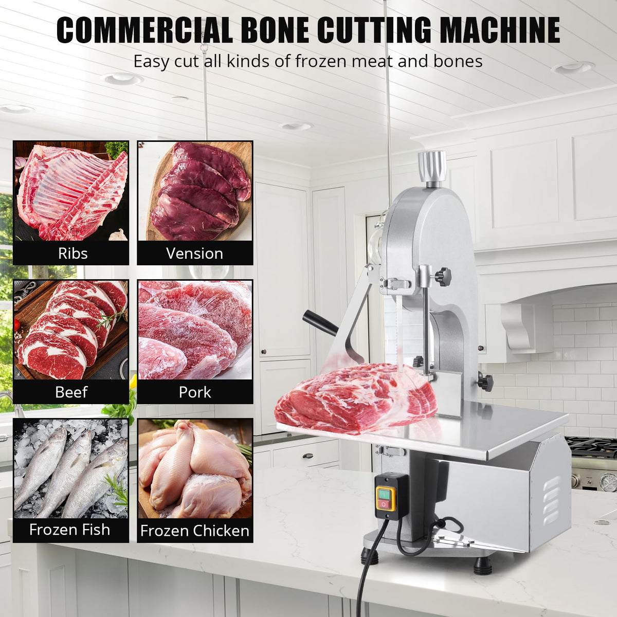 1100W Commercial Electric Meat & Bone Band Saw with Stainless Steel Table (19.3"X15"), Adjustable Thickness 0.16-7.9", Includes 5 Blades – Frozen Meat Cutter Ideal for Butcher Shops, Restaurants, Home