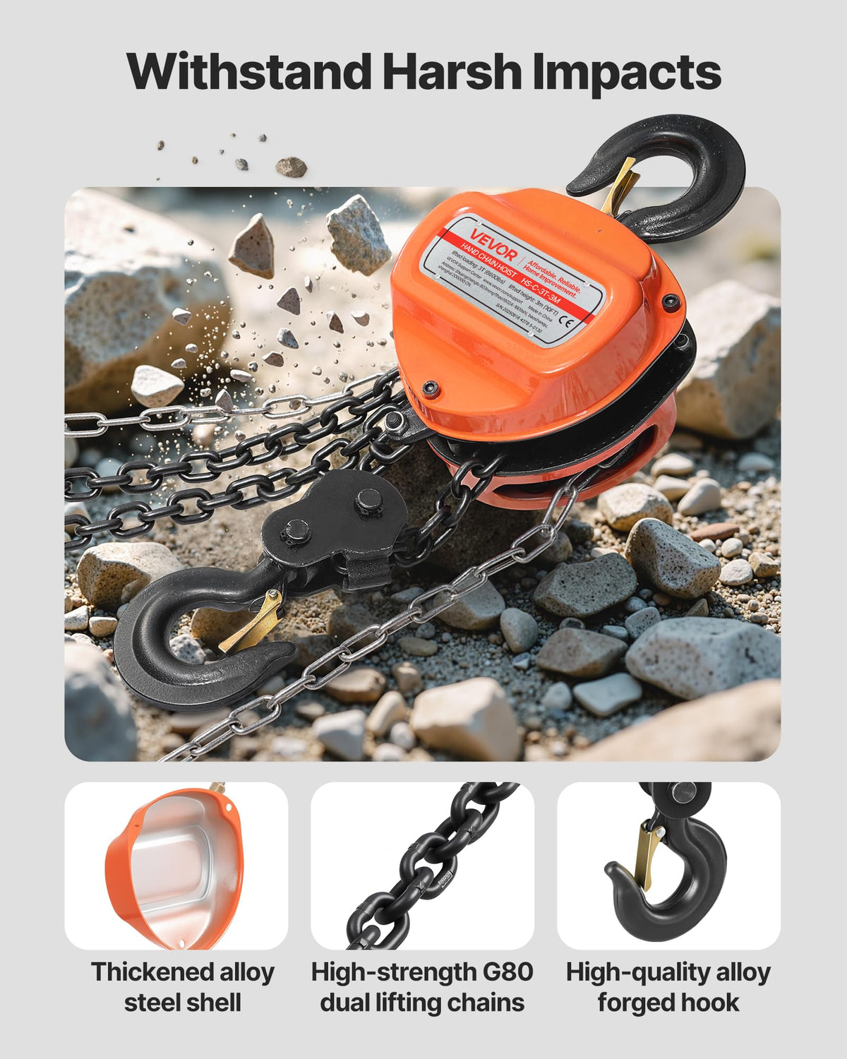 VEVOR Hand Chain Hoist, 3 Ton 6600 lbs Capacity, Manual Chain Block with Upgrade G80 Galvanized Chain, 10 ft Lifting Height, Heavy Duty Pulley Hoist for Garage Warehouse Automotive Machinery, Orange
