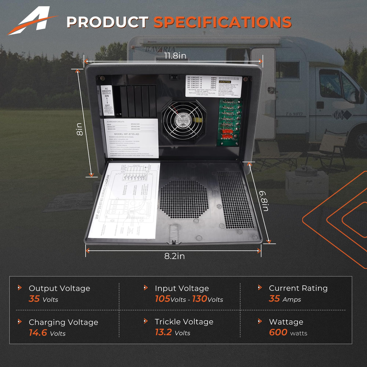 A-Outsanding WF-8735-AD RV Converter Charger 30 Amp Power Center Support Auto Detect,35 Amp DC Output Compatible with RV Camper Caravans Travel Trailer Replace# WF-8735-P