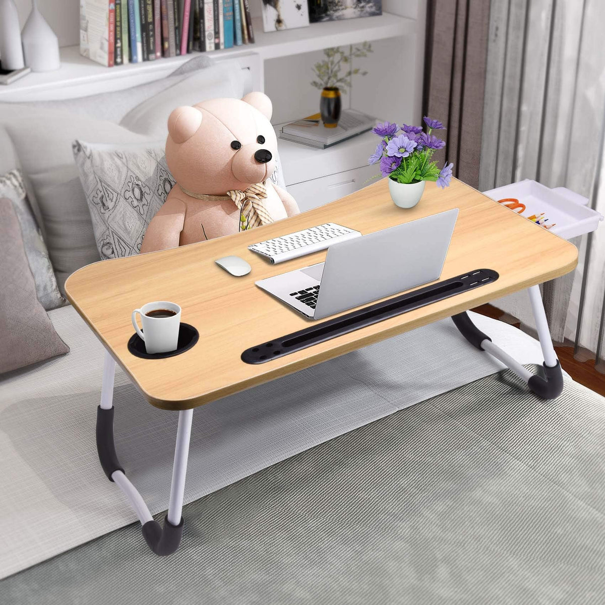 Slendor Lap Desk with Tablet Slot, Foldable Laptop Table with Storage Drawer for Bed，Portable Bed Desk for Laptop, Computer Tray with Cup Holder Notebook Stand Reading Holder for Couch Floor, Walnut