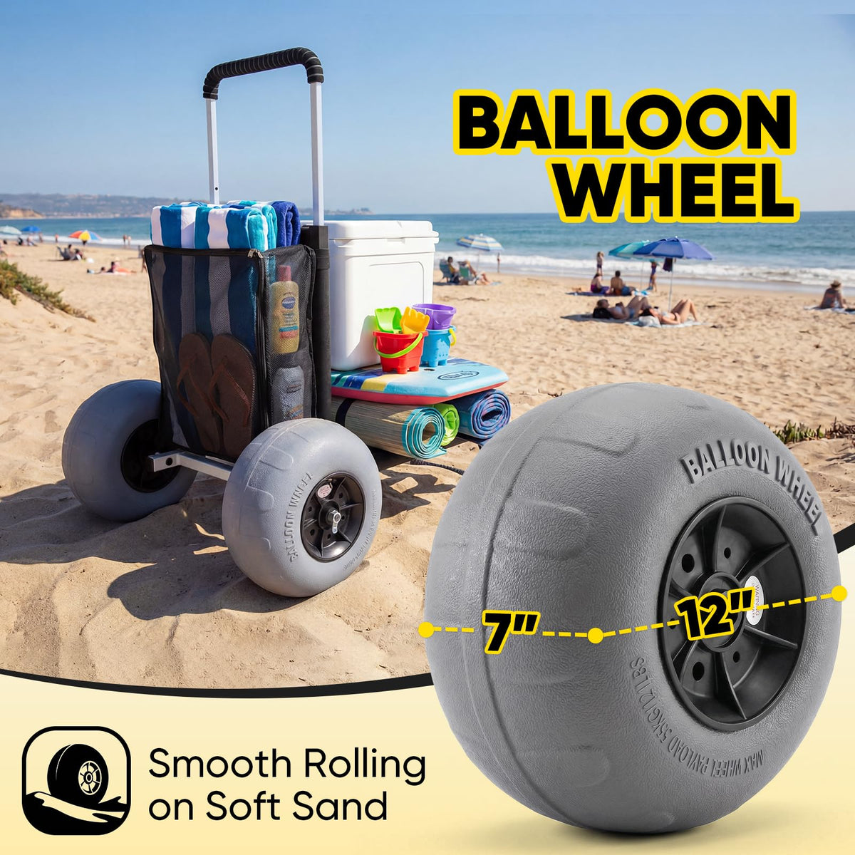 Sekey Beach Wagon with 12" Big Wheels for Sand, Heavy Duty Collapsible Beach Cart with Balloon Tires, Foldable Utility Sand Wagon for Outdoor Camping, Fishing & Groceries.Black